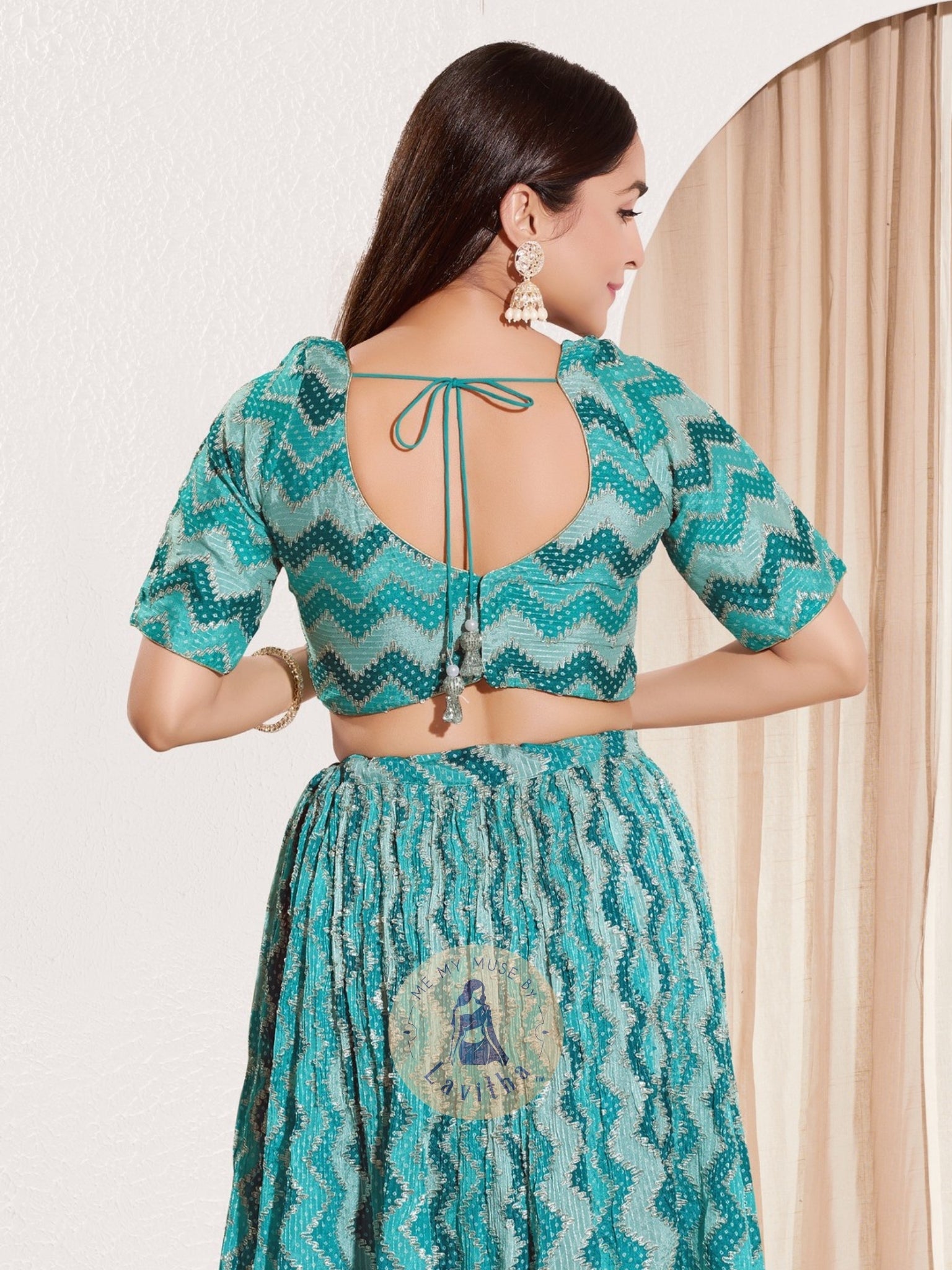 Rama Green Chiffon Padded V-Neck Blouse