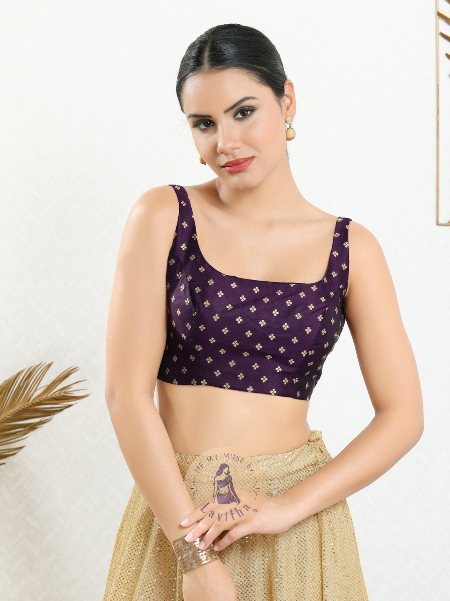 Purple Silk Butti Padded Round-Neck Sleeveless Blouse