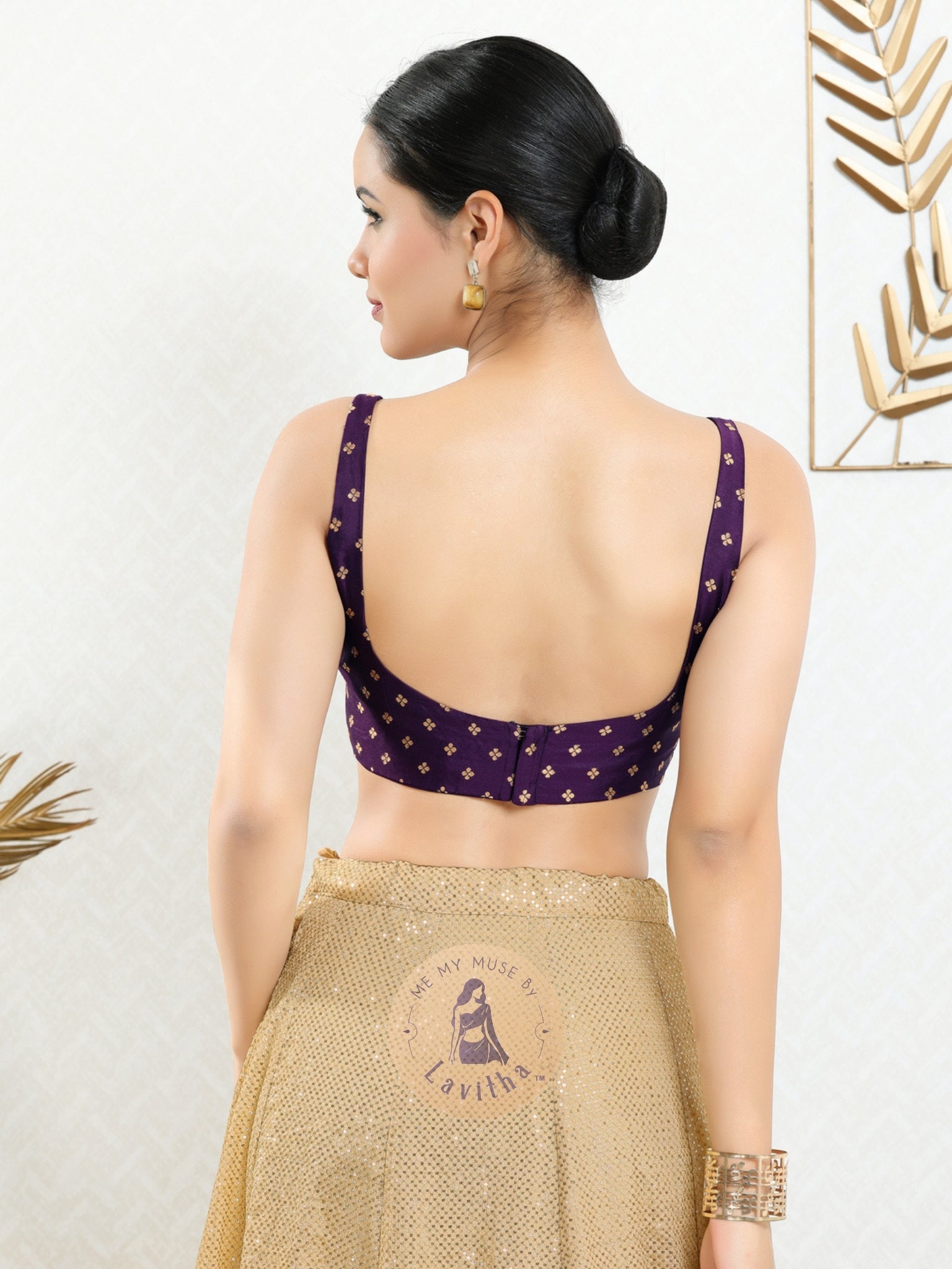 Purple Silk Butti Padded Round-Neck Sleeveless Blouse