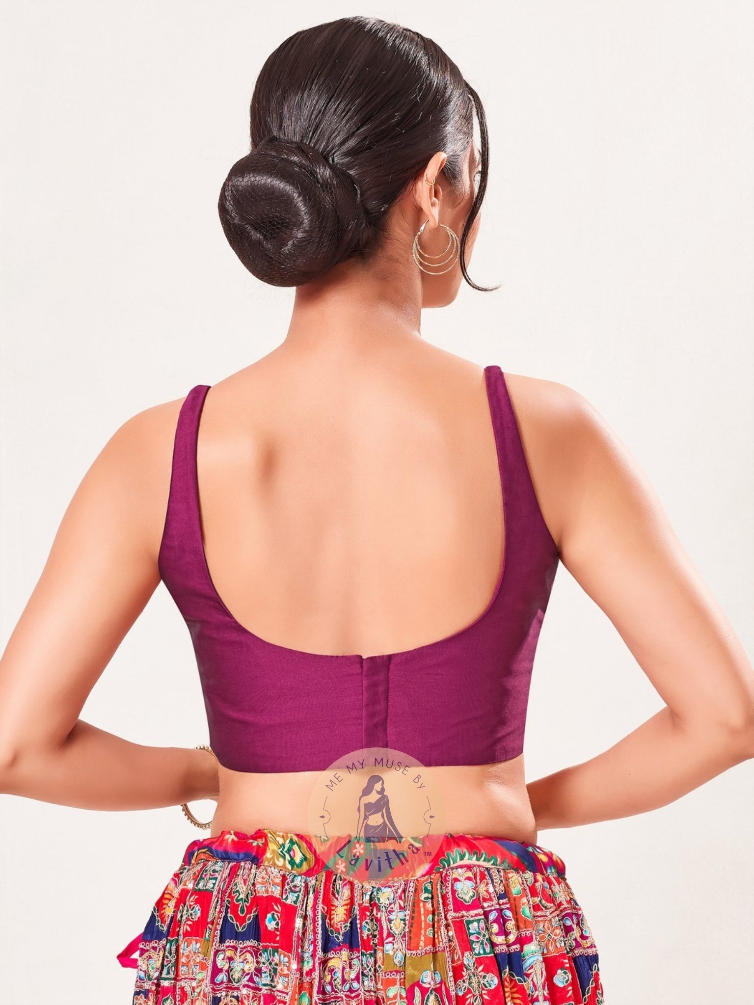 Plum Brocade Padded Round-Neck Sleeveless Blouse