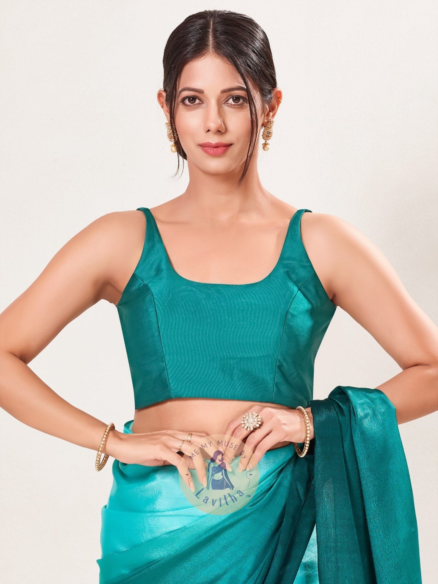 Rama Green Brocade Padded Round-Neck Sleeveless Blouse