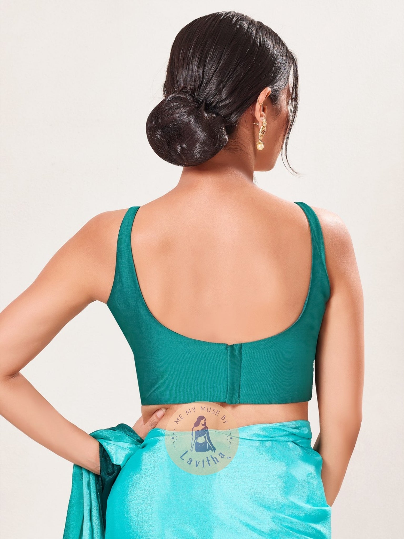 Rama Green Brocade Padded Round-Neck Sleeveless Blouse
