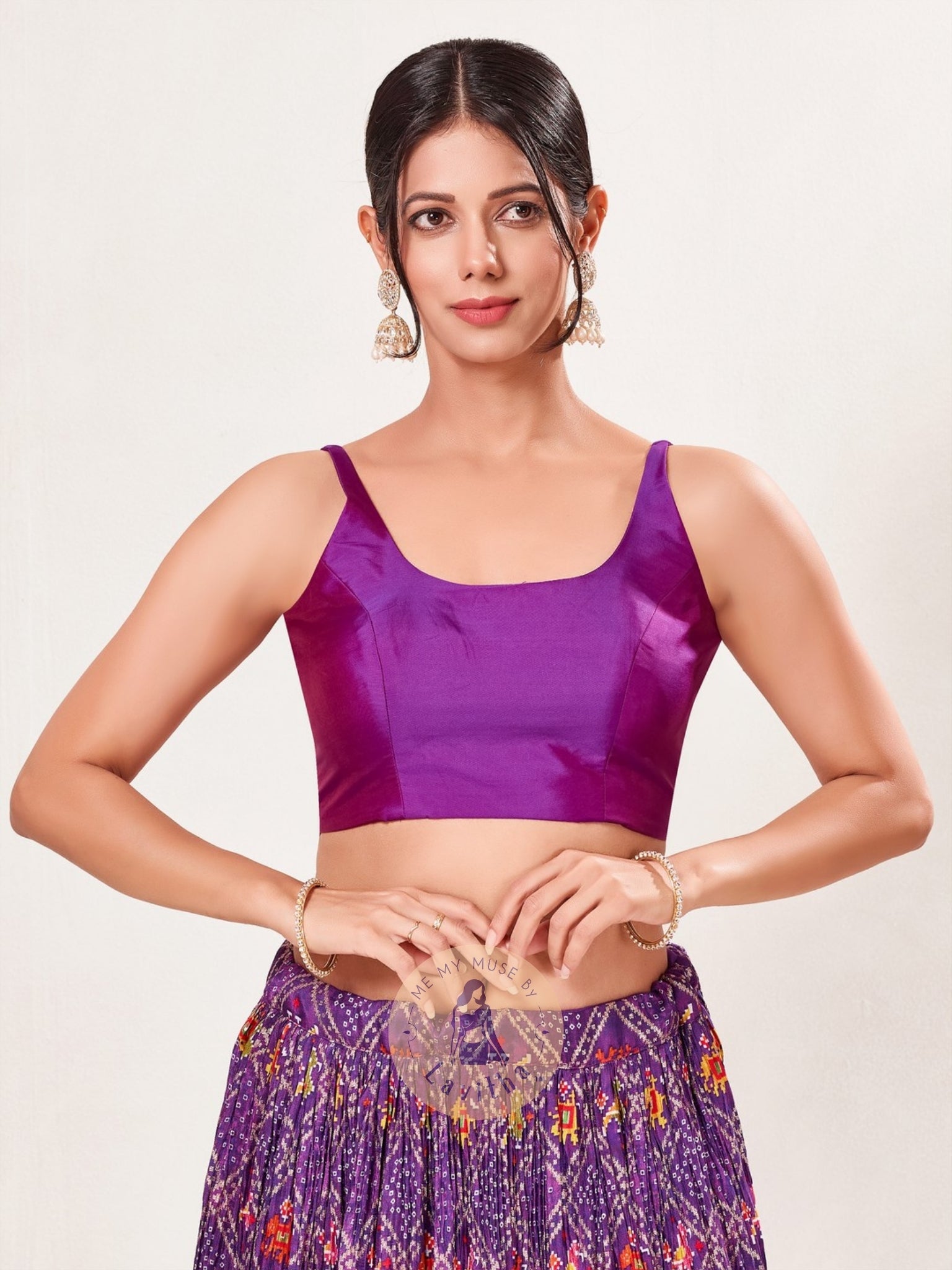 Purple Brocade Padded Round-Neck Sleeveless Blouse
