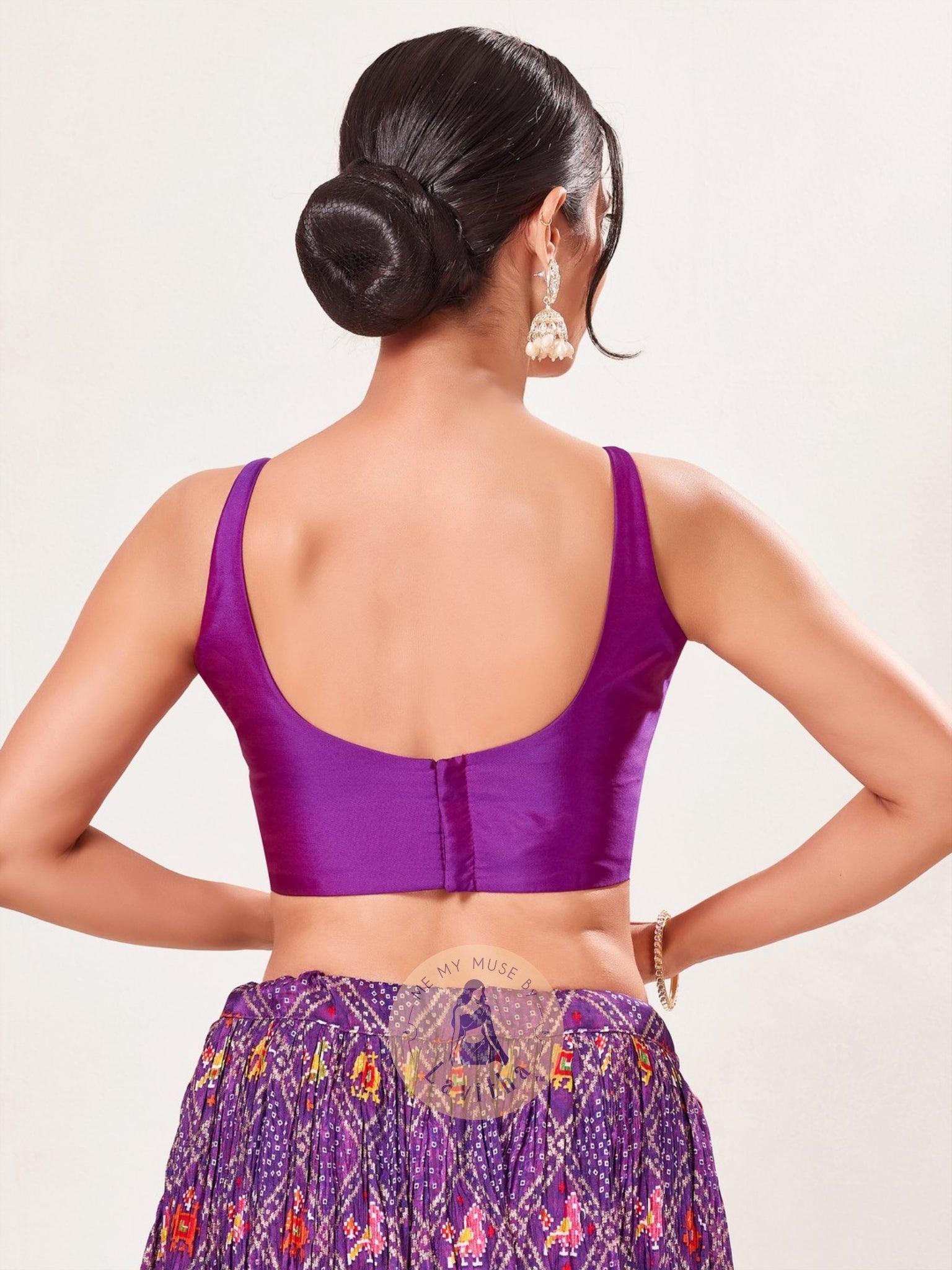 Purple Brocade Padded Round-Neck Sleeveless Blouse