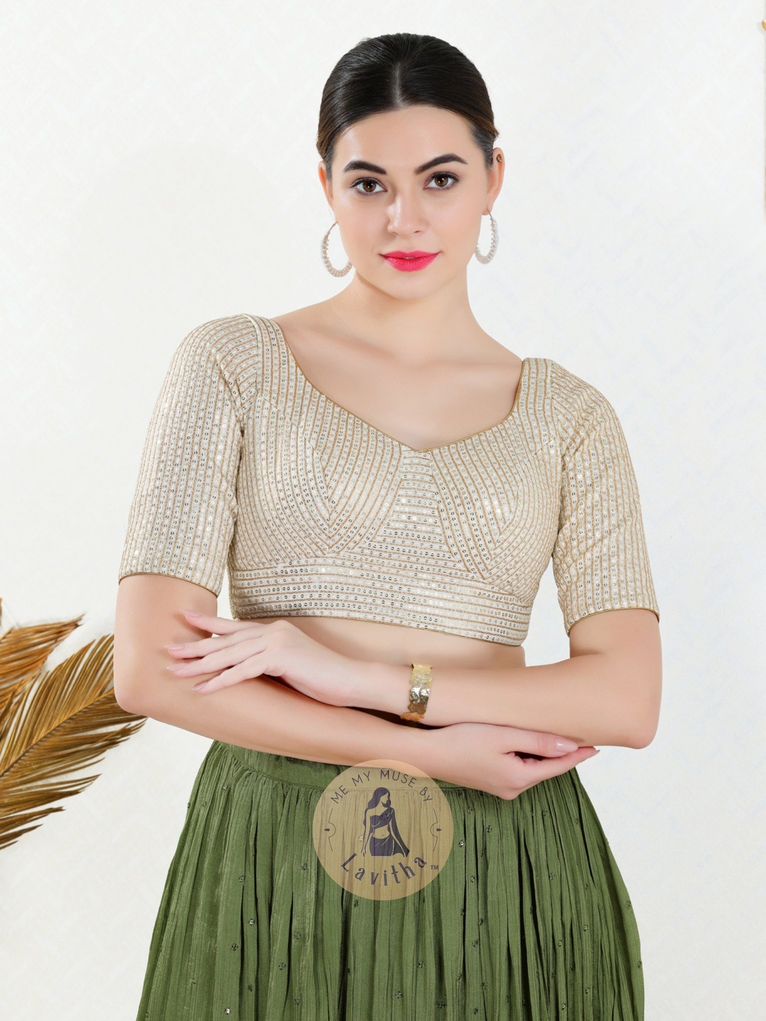 Cream n Gold Georgette Padded Leaf-Neck Blouse