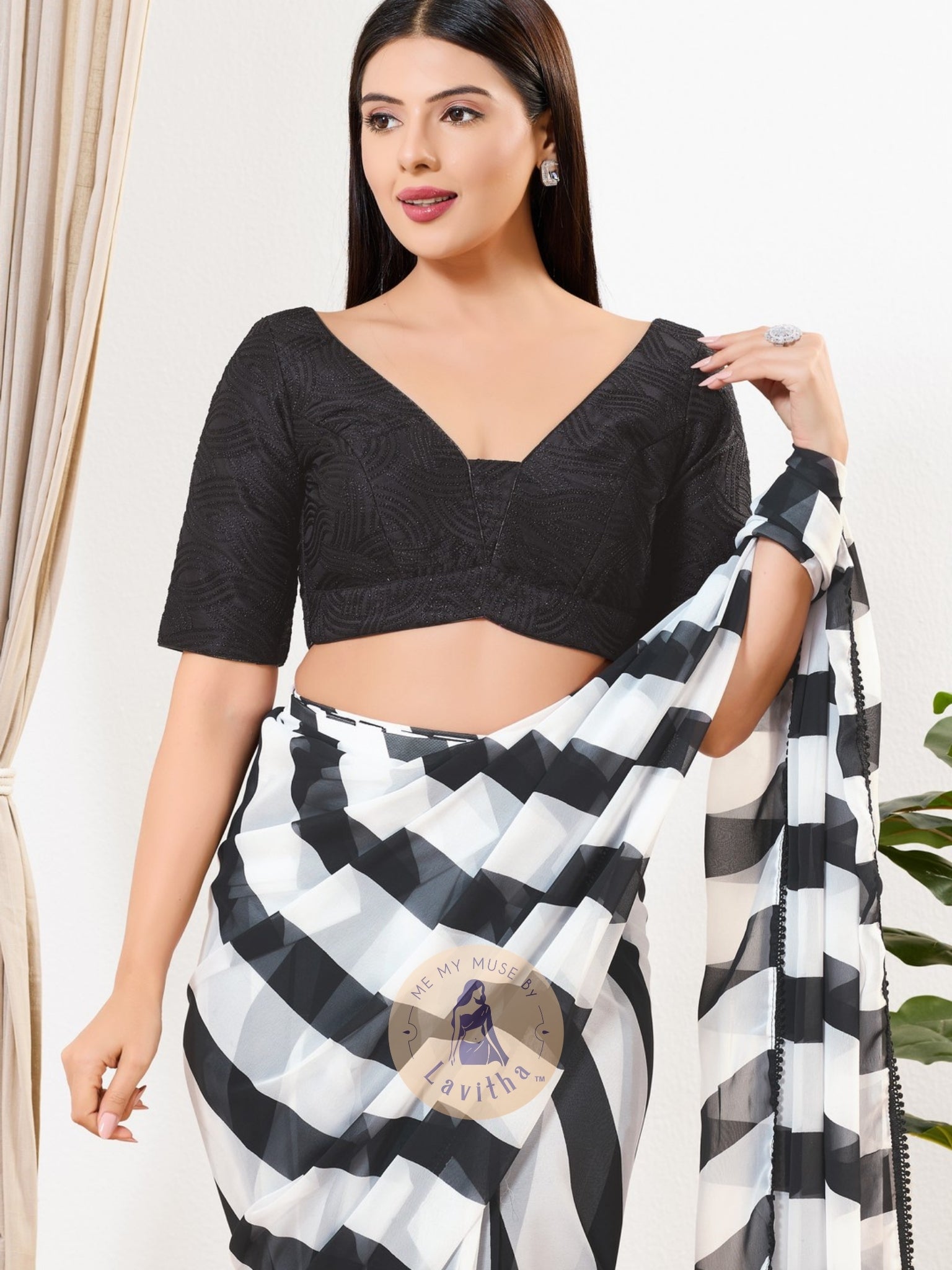 Black Silk Formal Padded V-Neck Blouse