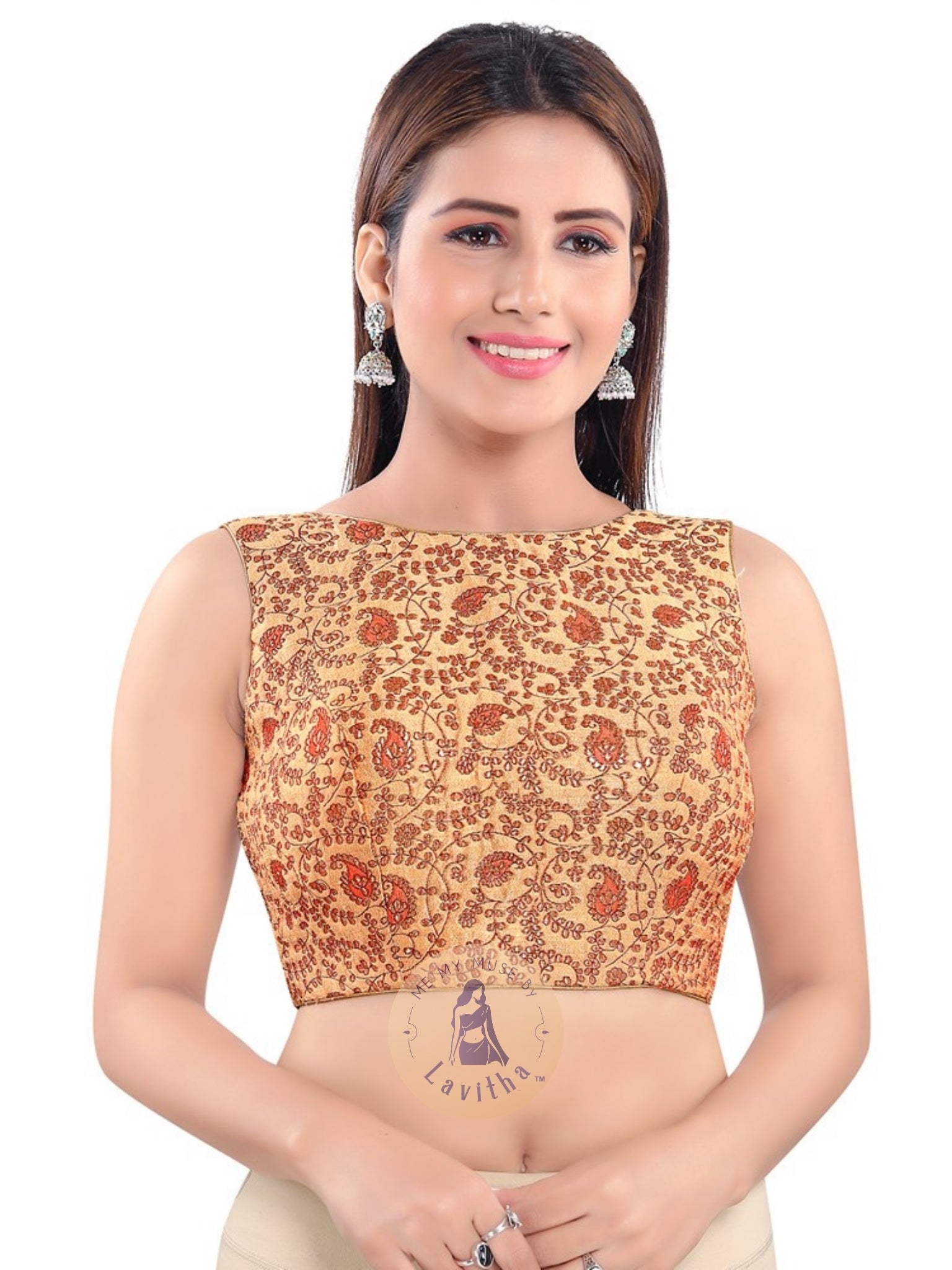 Gold Brocade Padded Boat-Neck Sleeveless Blouse