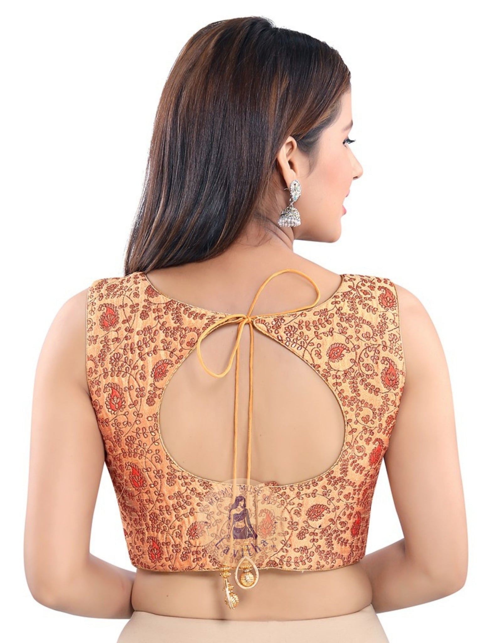 Gold Brocade Padded Boat-Neck Sleeveless Blouse