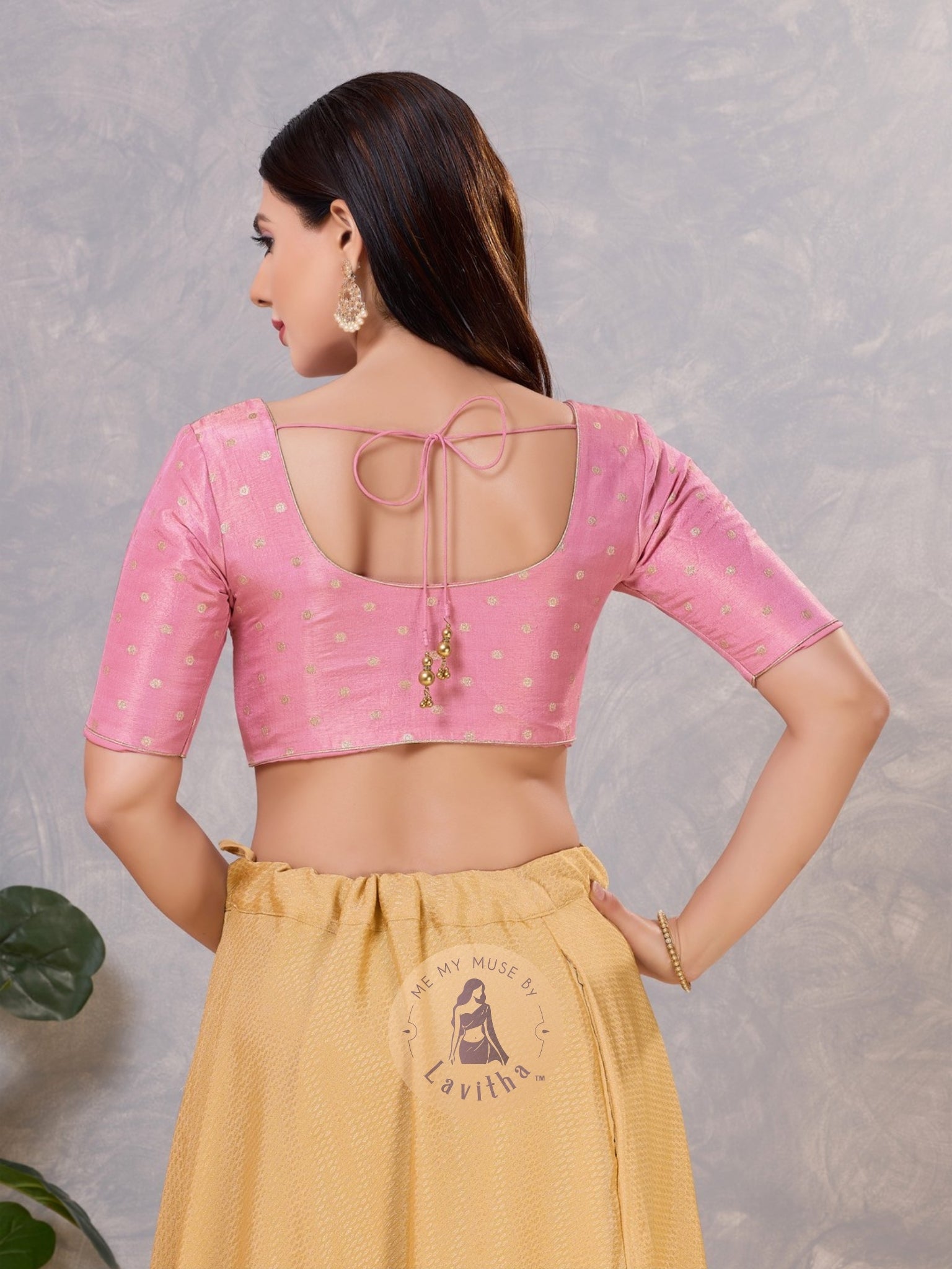 Light Pink Tissue Padded Golden Buti Round-Neck Blouse