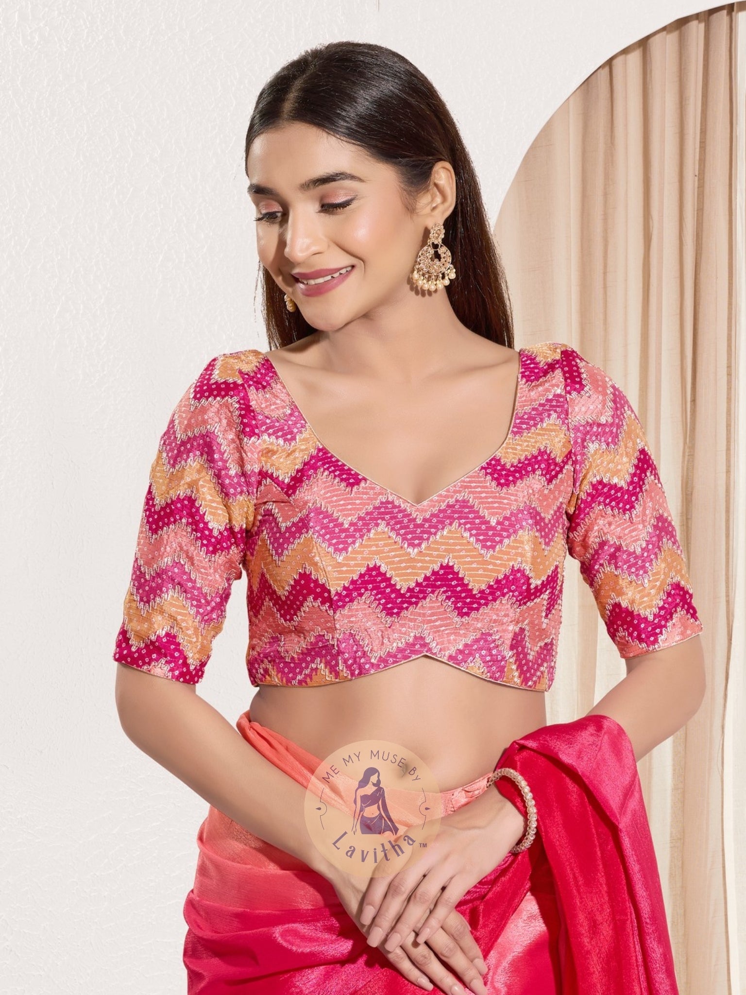Pink Chiffon Padded V-Neck Blouse