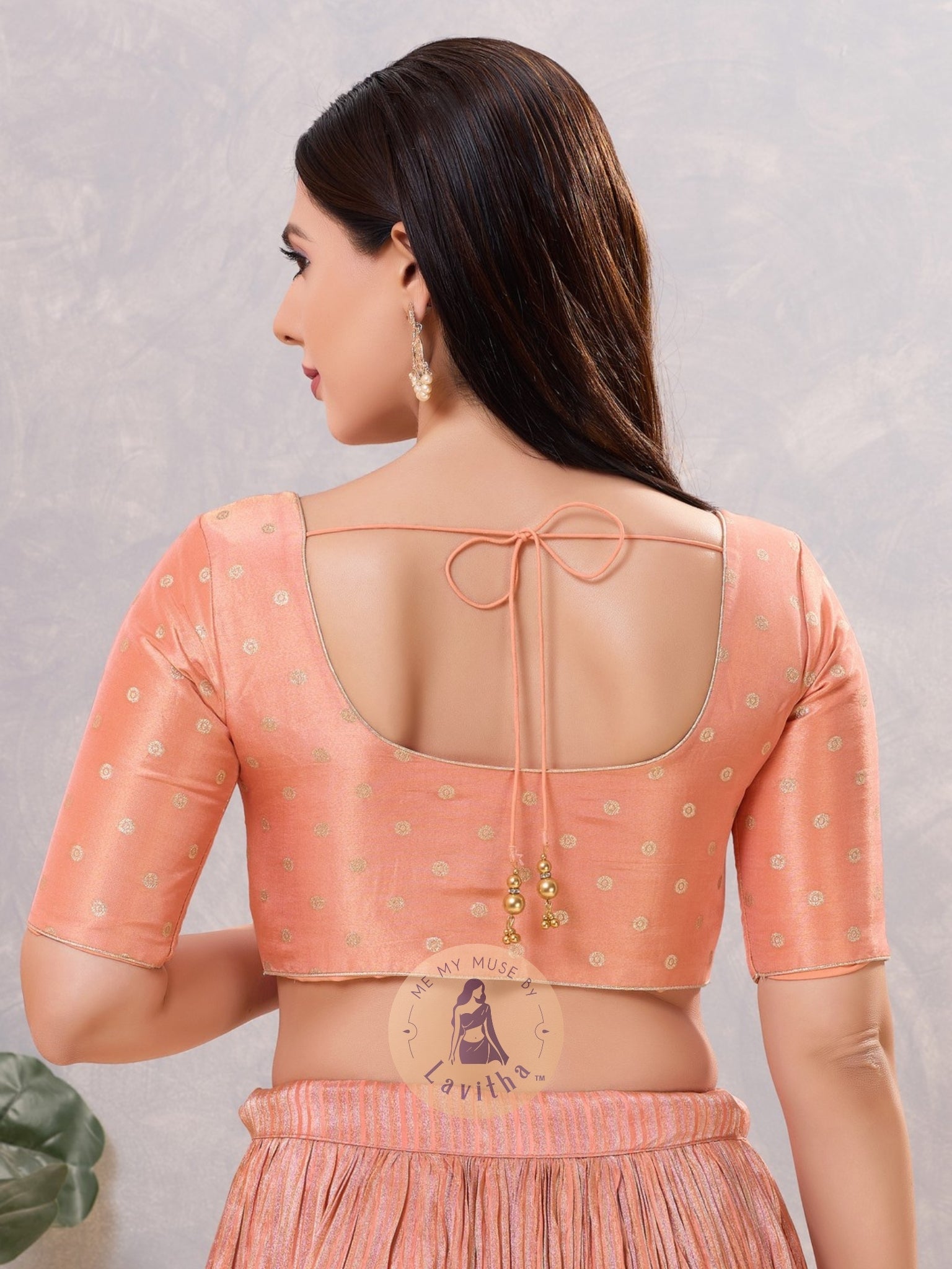 Peach Tissue Padded Golden Buti Round-Neck Blouse