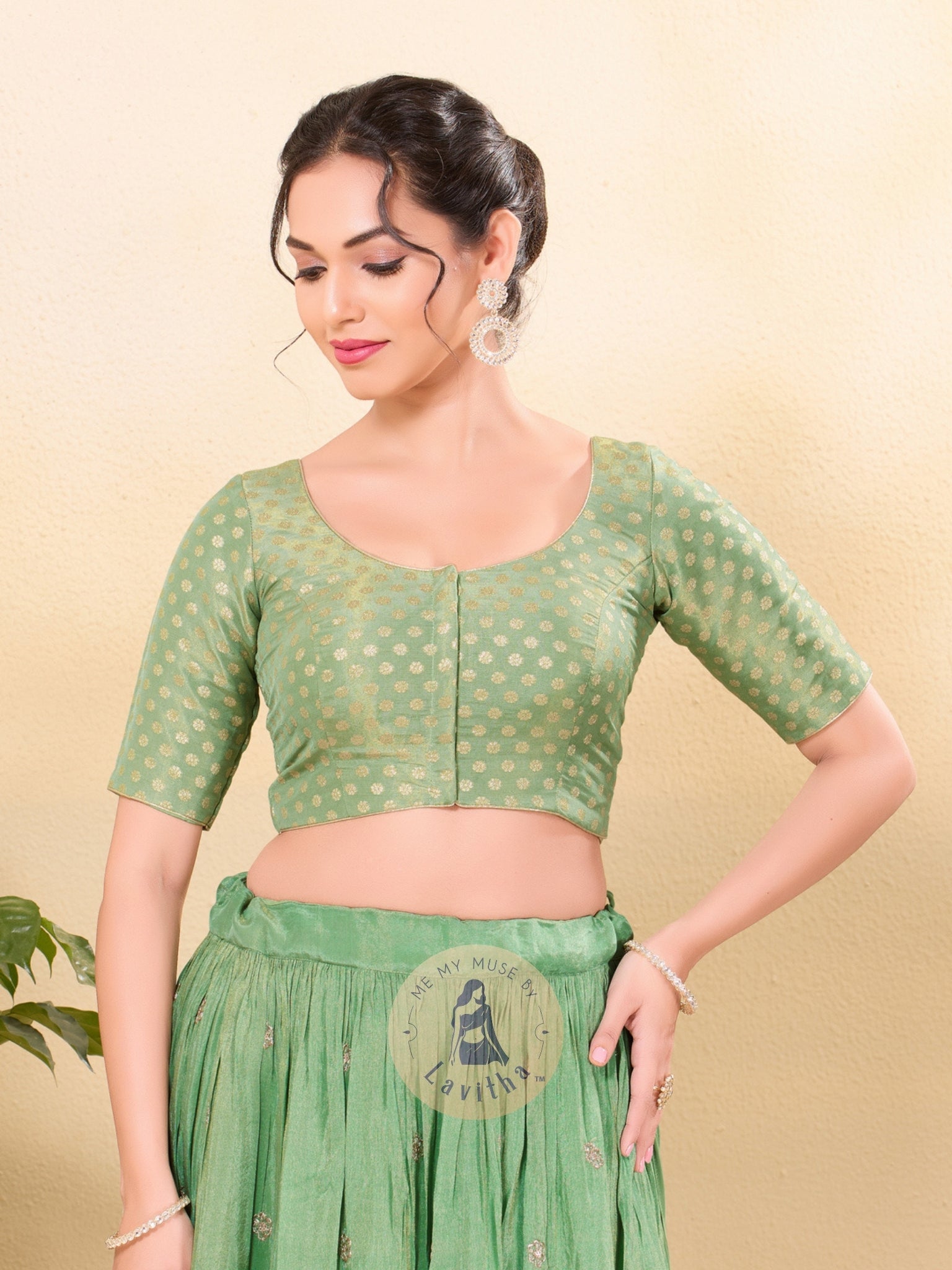 Pista Green Tissue Padded Golden Buti Round-Neck Blouse