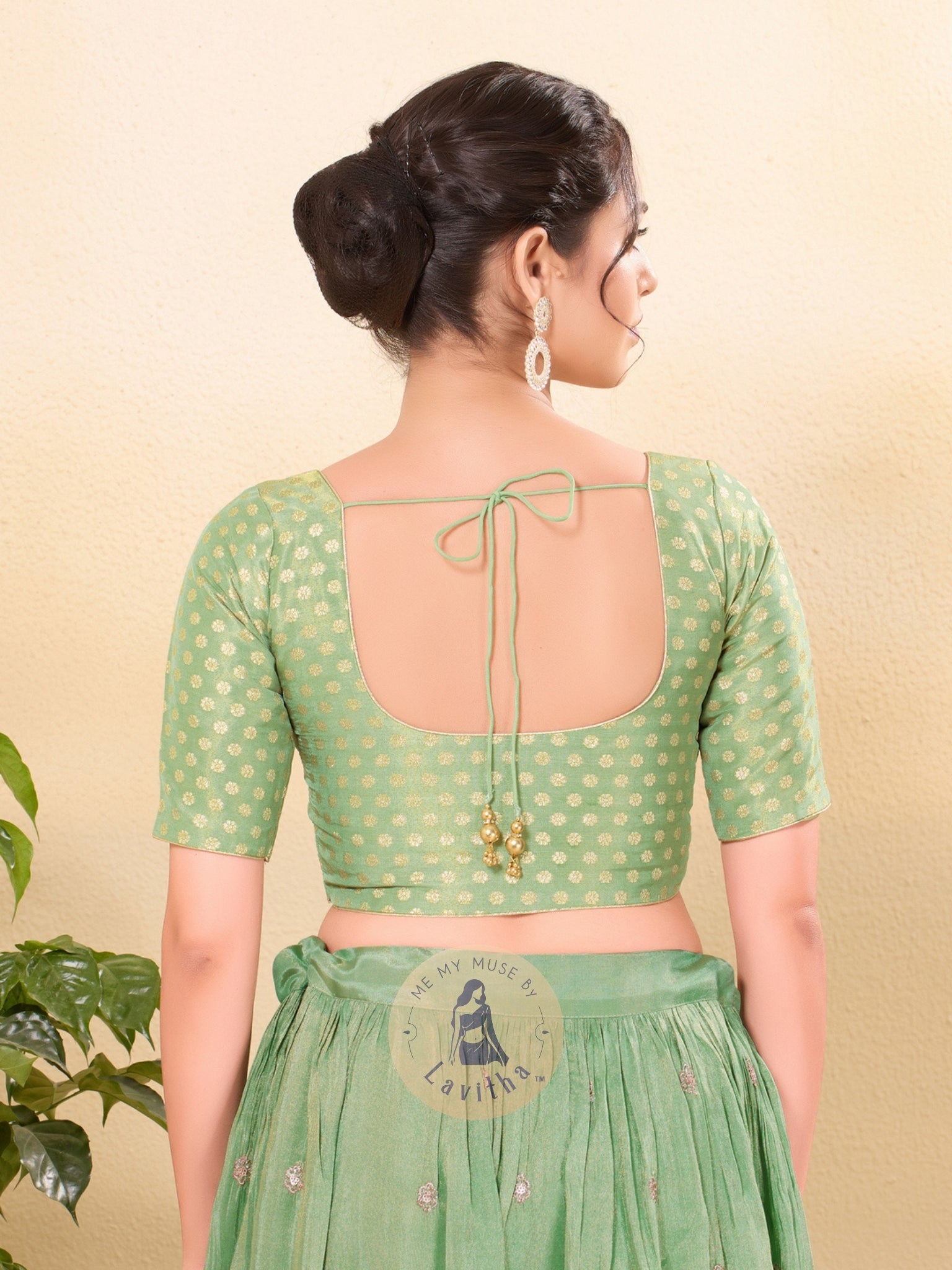 Pista Green Tissue Padded Golden Buti Round-Neck Blouse