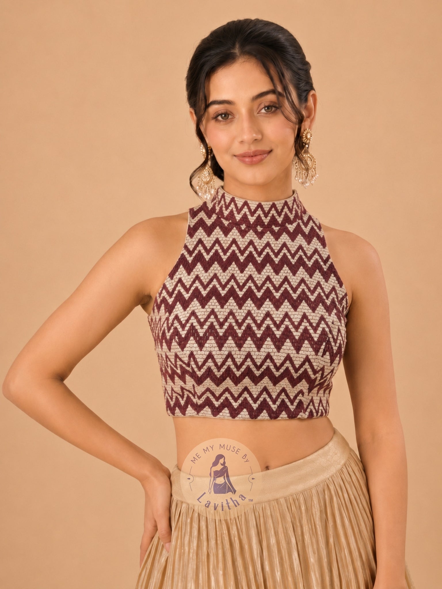 Wine Net Padded Turtle-Neck Sleeveless Blouse