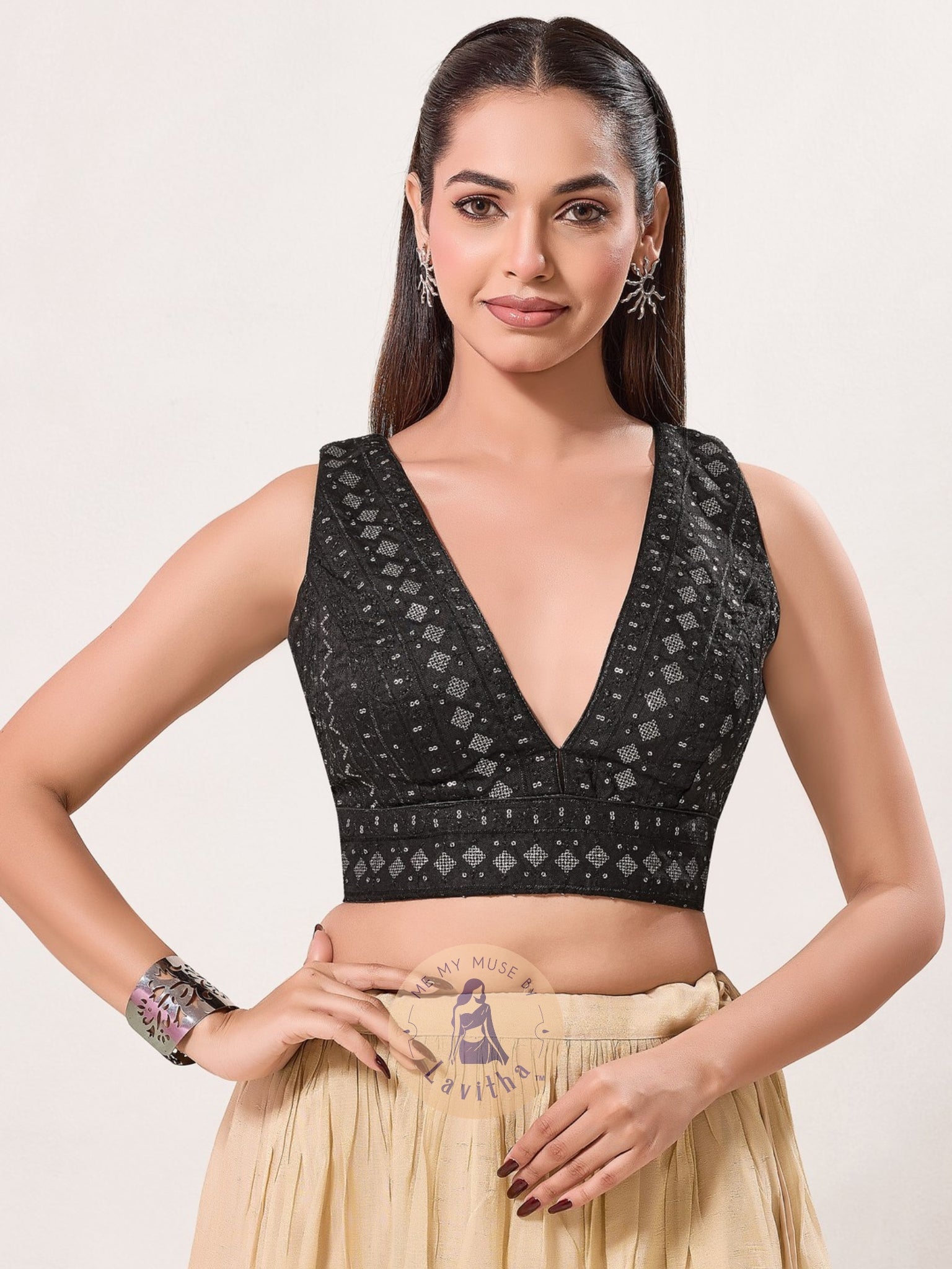 Black Tissue Sleeveless Deep Leaf-Neck Blouse