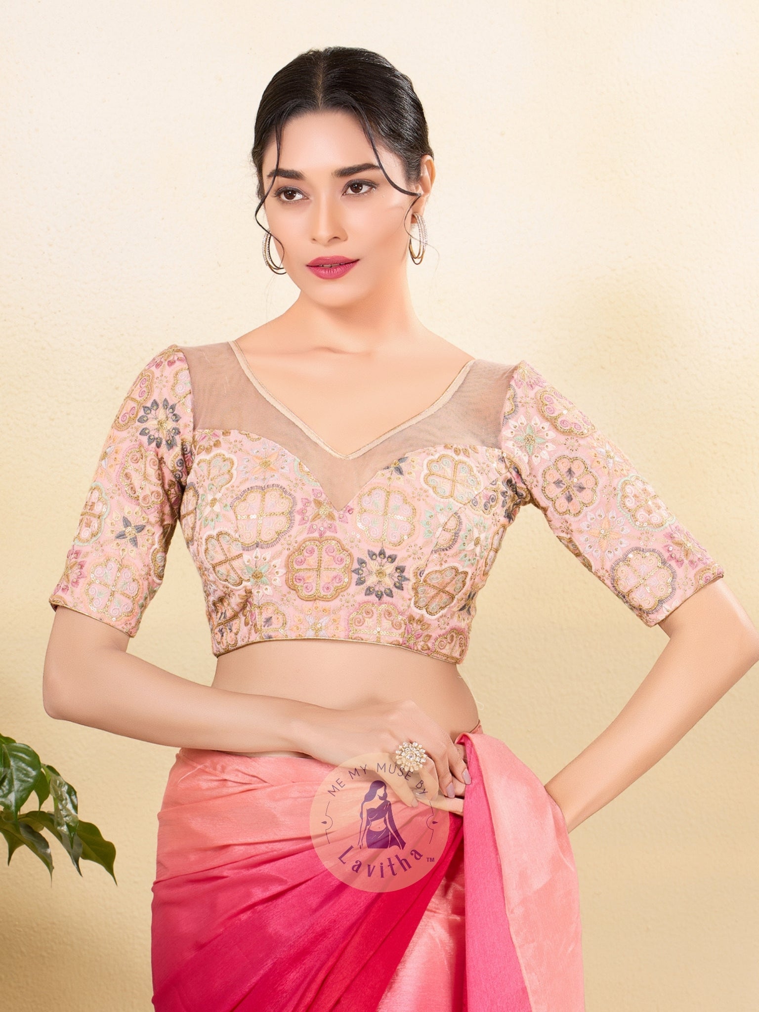 Peach Embroidered Net Sweetheart-Neck Blouse