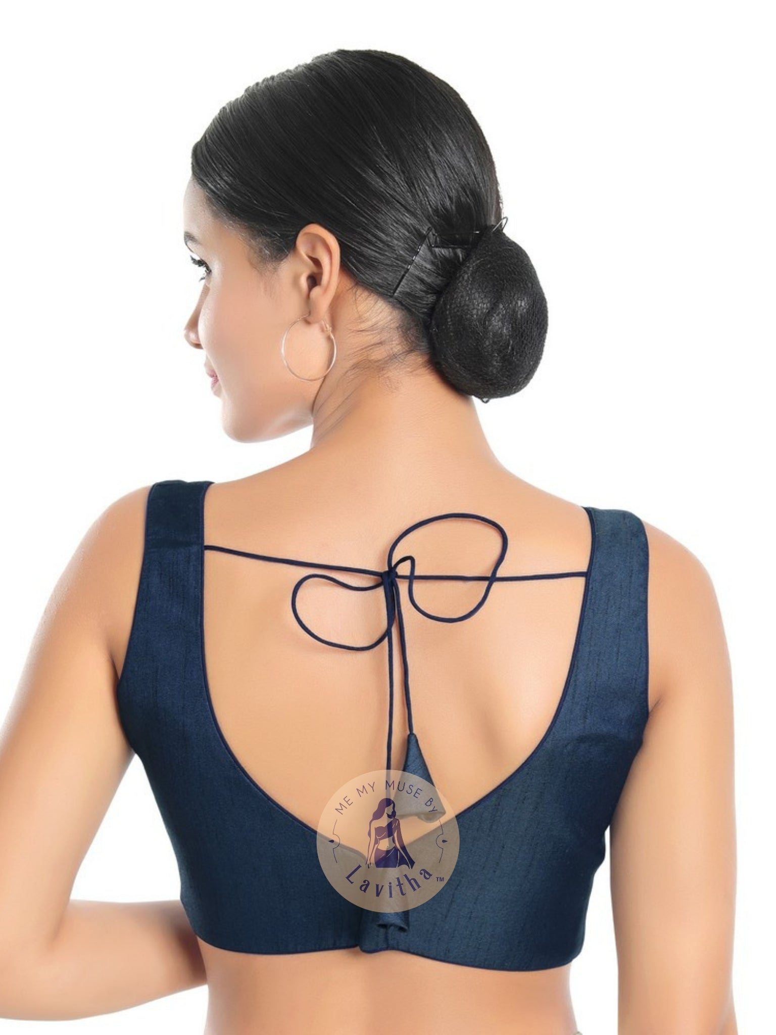 Navy Blue Silk Sleeveless Cut-Design Fresher's Party Blouse