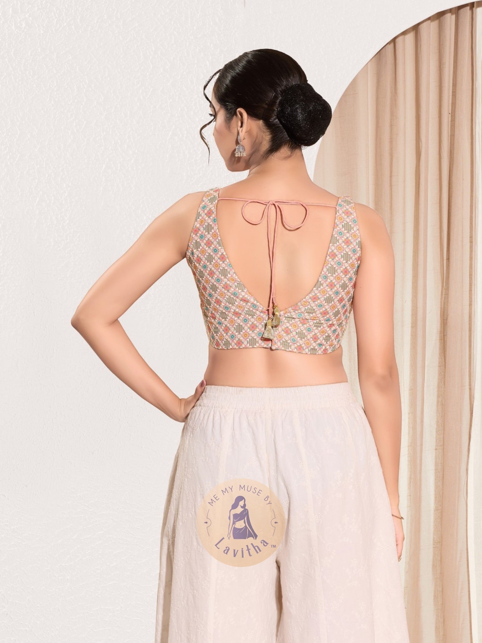Peach Jacquard Sleeveless Padded V-Neck Blouse