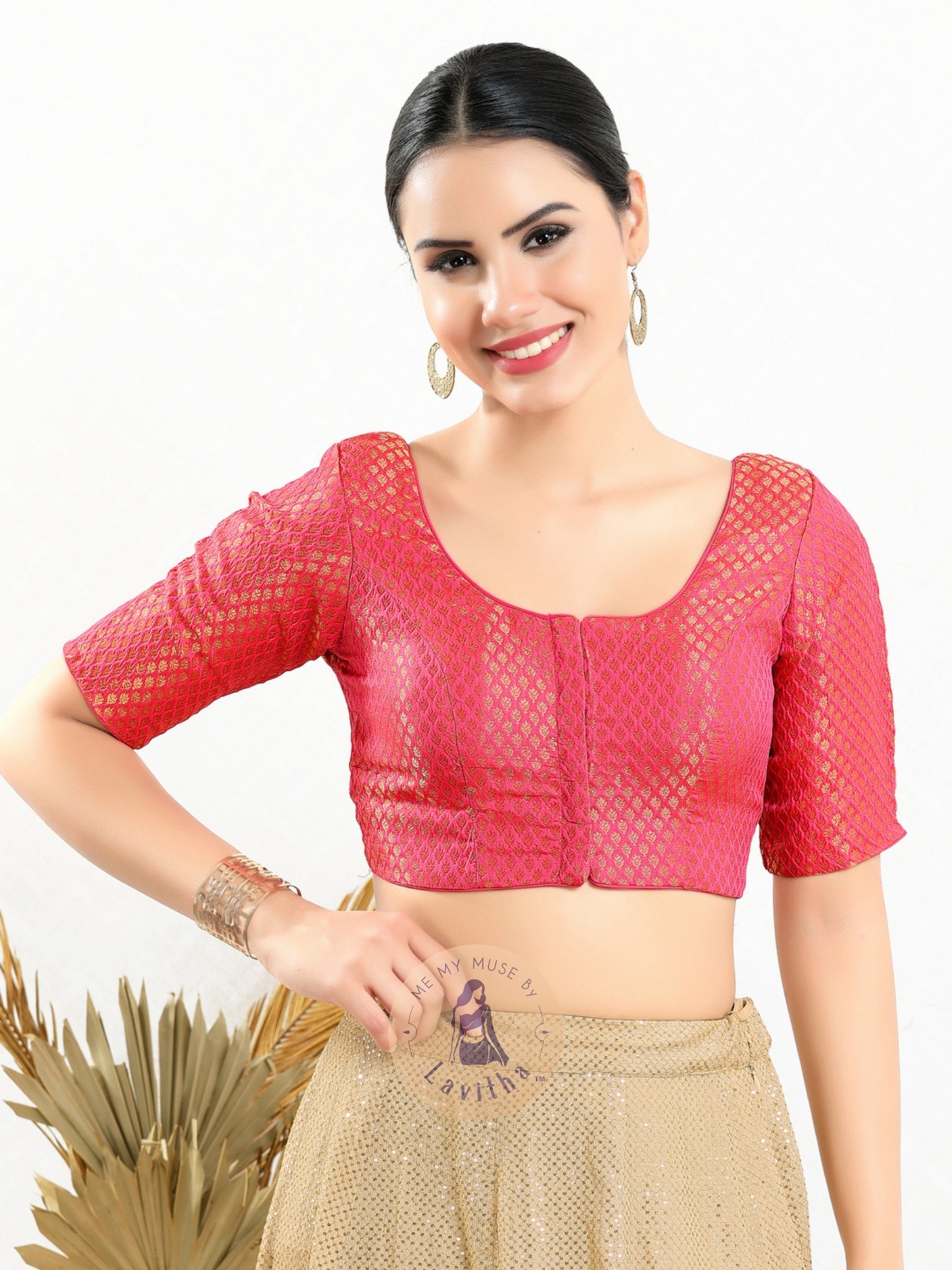 Light Pink Brocade Padded Round-Neck Blouse