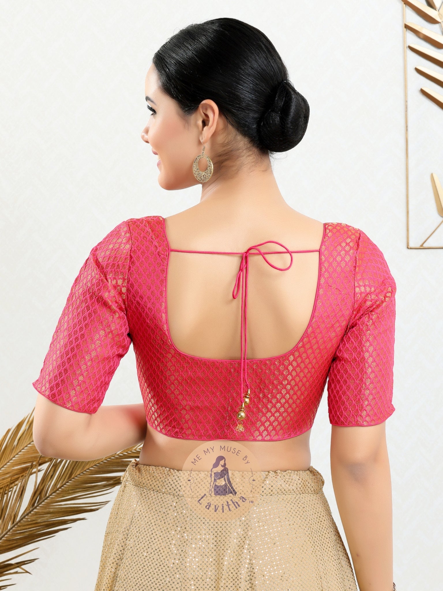Light Pink Brocade Padded Round-Neck Blouse