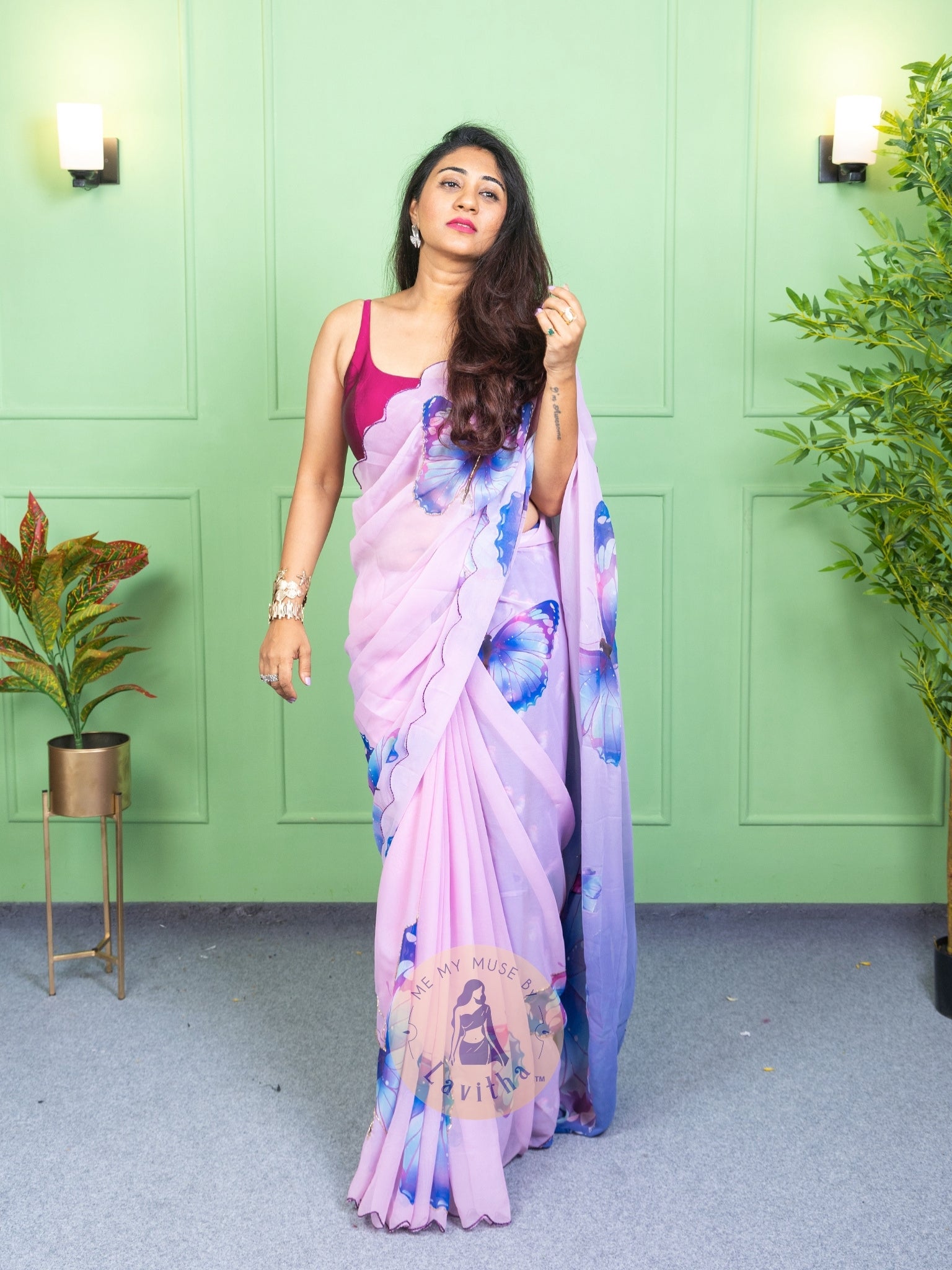 Our muse in a bollywood-style glamorous purple chiffon saree with butterfly katdana work with ready-to-wear Purple brocade blouse perfect for parties and dinner dates exclusively from Me My Muse by Lavitha