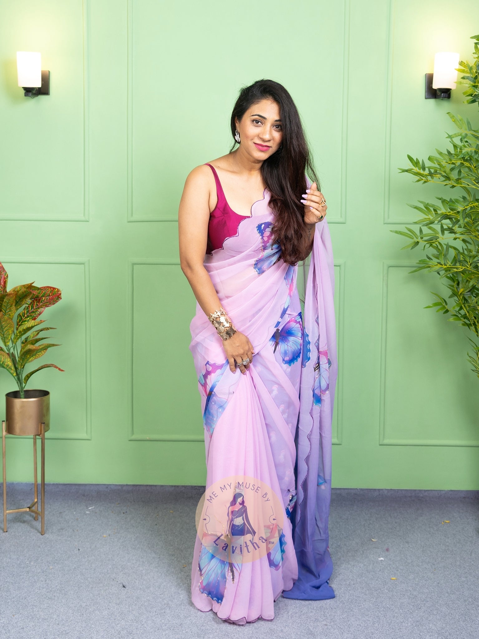 Our muse in a bollywood-style glamorous purple chiffon saree with butterfly katdana work with ready-to-wear Purple brocade blouse perfect for parties and dinner dates exclusively from Me My Muse by Lavitha