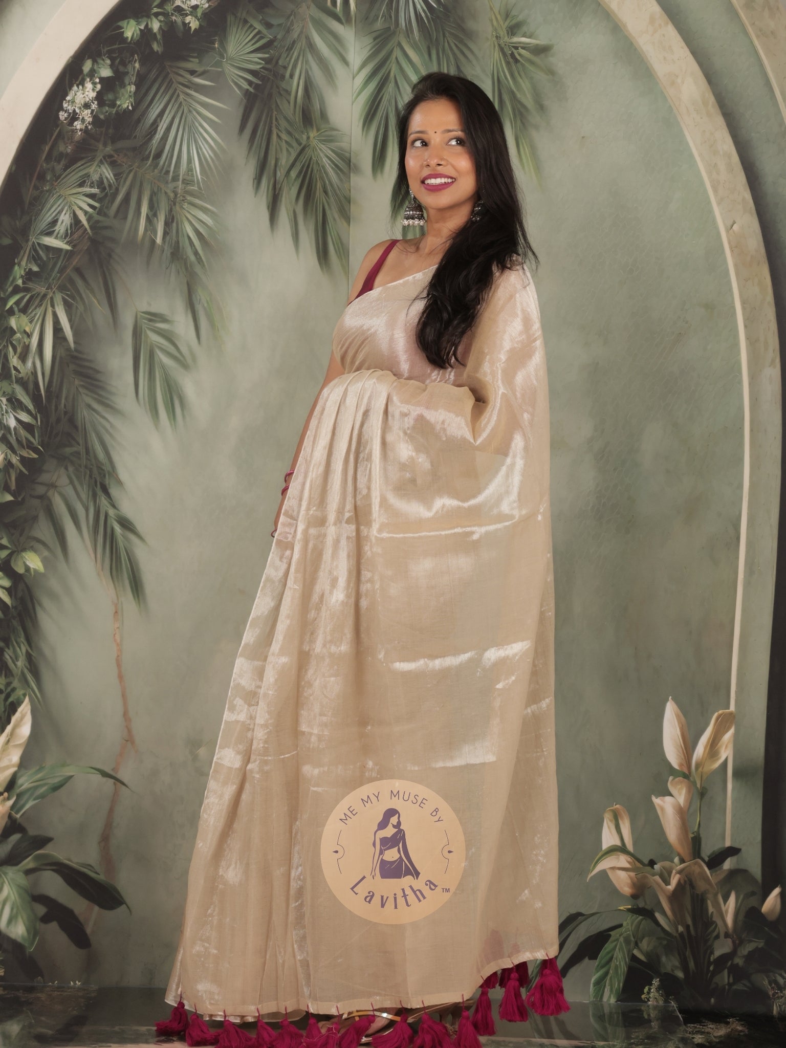 Bombshell Creamy Gold Tissue Saree with Fuschia Pink Tassels