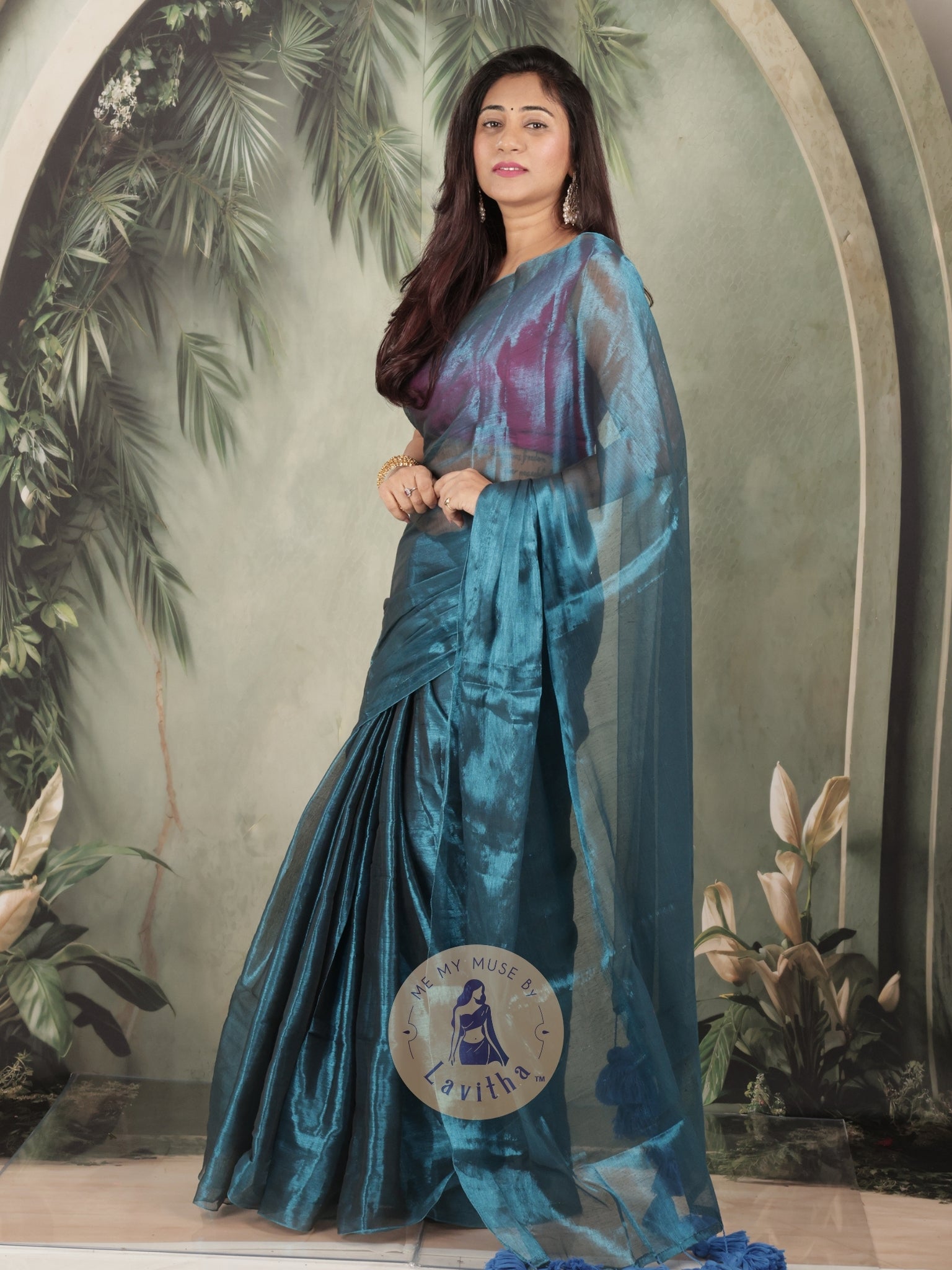 Bombshell Magnetic Blue Tissue Saree with Midnight Blue Tassels