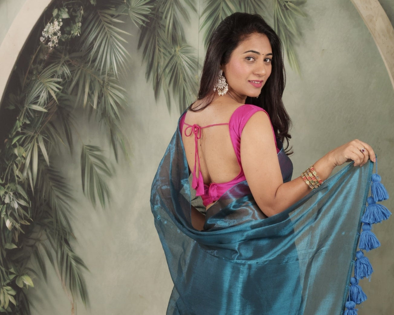 Bombshell Magnetic Blue Tissue Saree with Midnight Blue Tassels