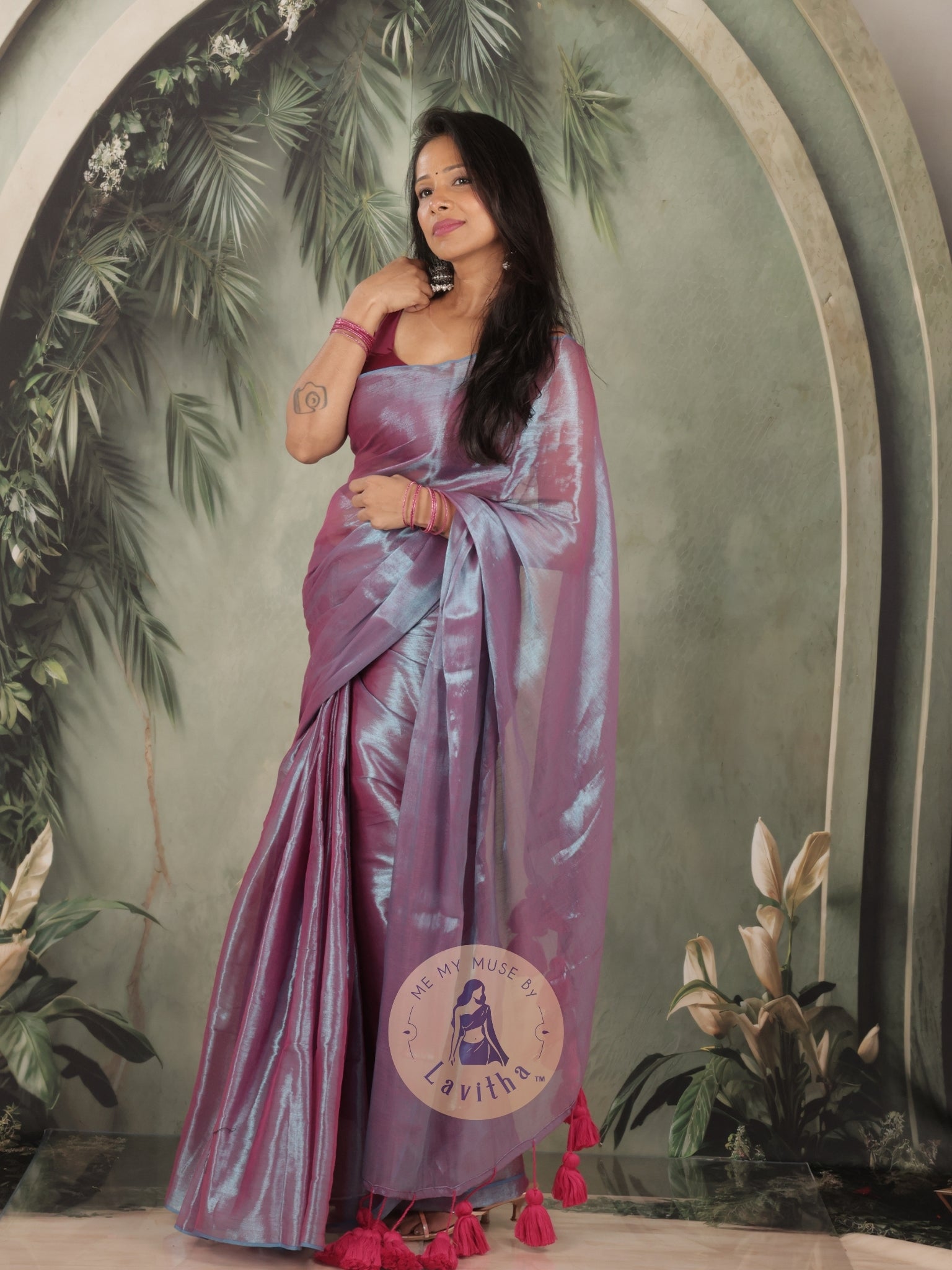 Bombshell Magnetic Purple Tissue Saree with Fuschia Pink Tassels