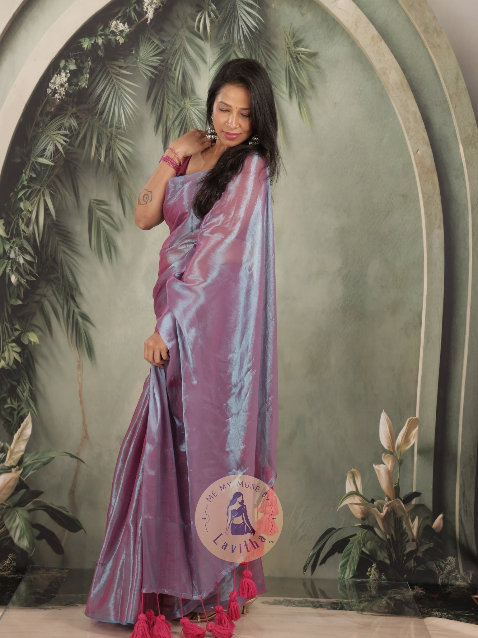 Bombshell Magnetic Purple Tissue Saree with Fuschia Pink Tassels