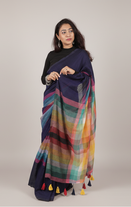 BossBabe Blue Mul Cotton with Geometric Design Pallu