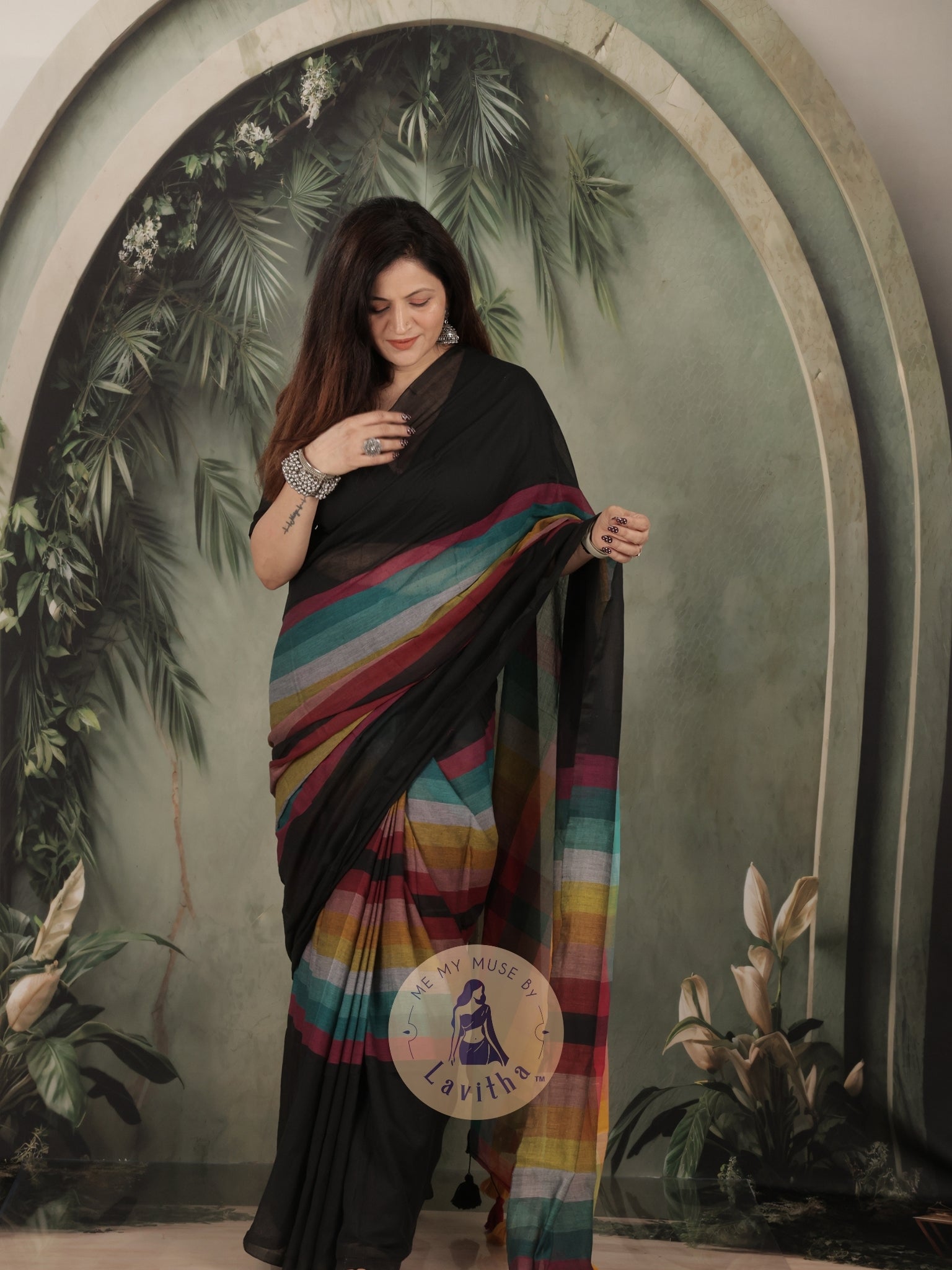 BossBabe Black Mul Cotton with Geometric Design Pallu