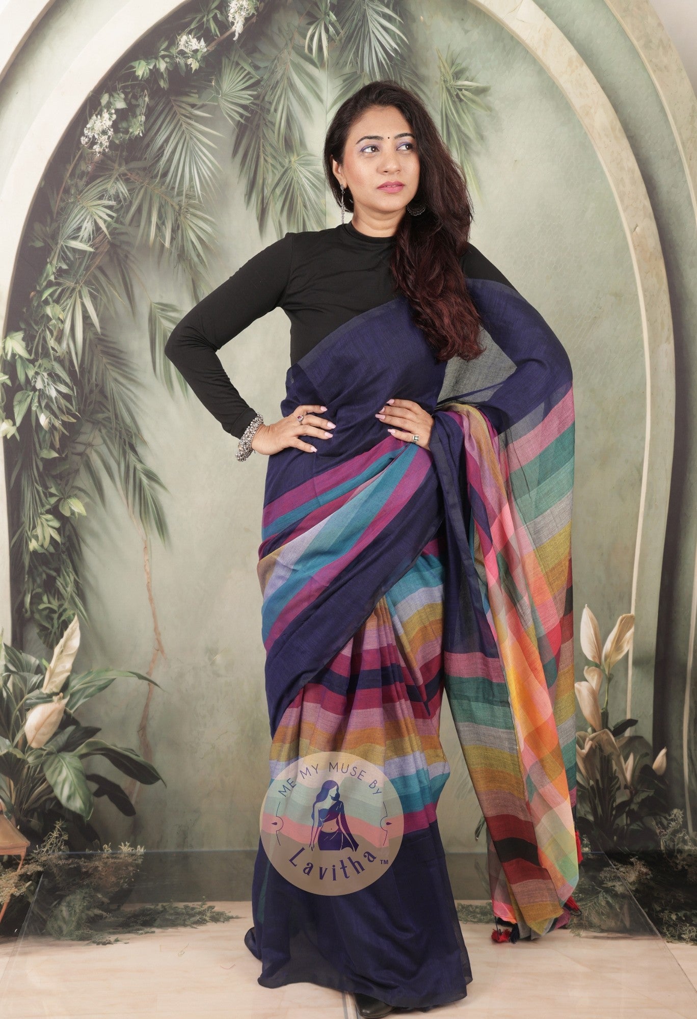BossBabe Blue Mul Cotton with Geometric Design Pallu