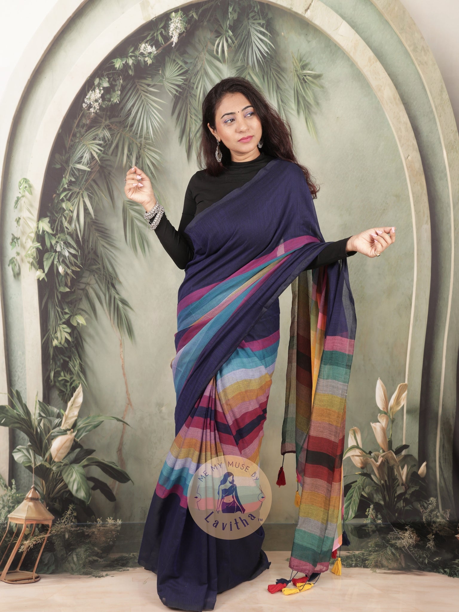 BossBabe Blue Mul Cotton with Geometric Design Pallu
