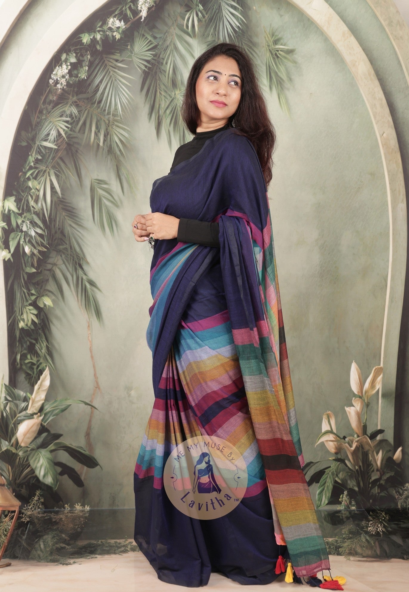 BossBabe Blue Mul Cotton with Geometric Design Pallu