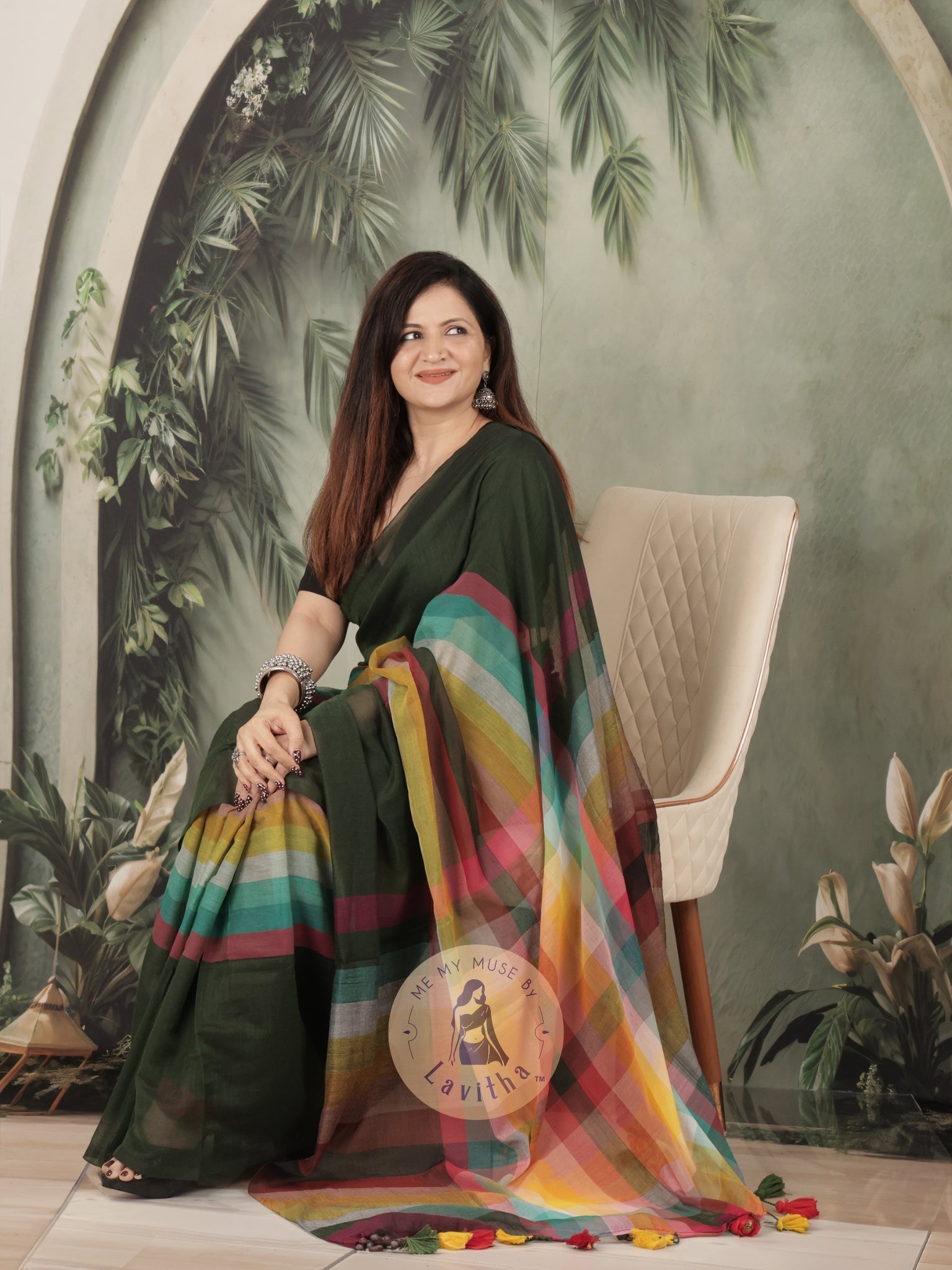 BossBabe Henna Green Mul Cotton with Geometric Design Pallu