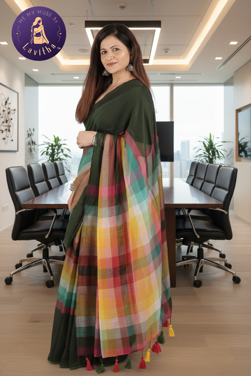 BossBabe Henna Green Mul Cotton with Geometric Design Pallu