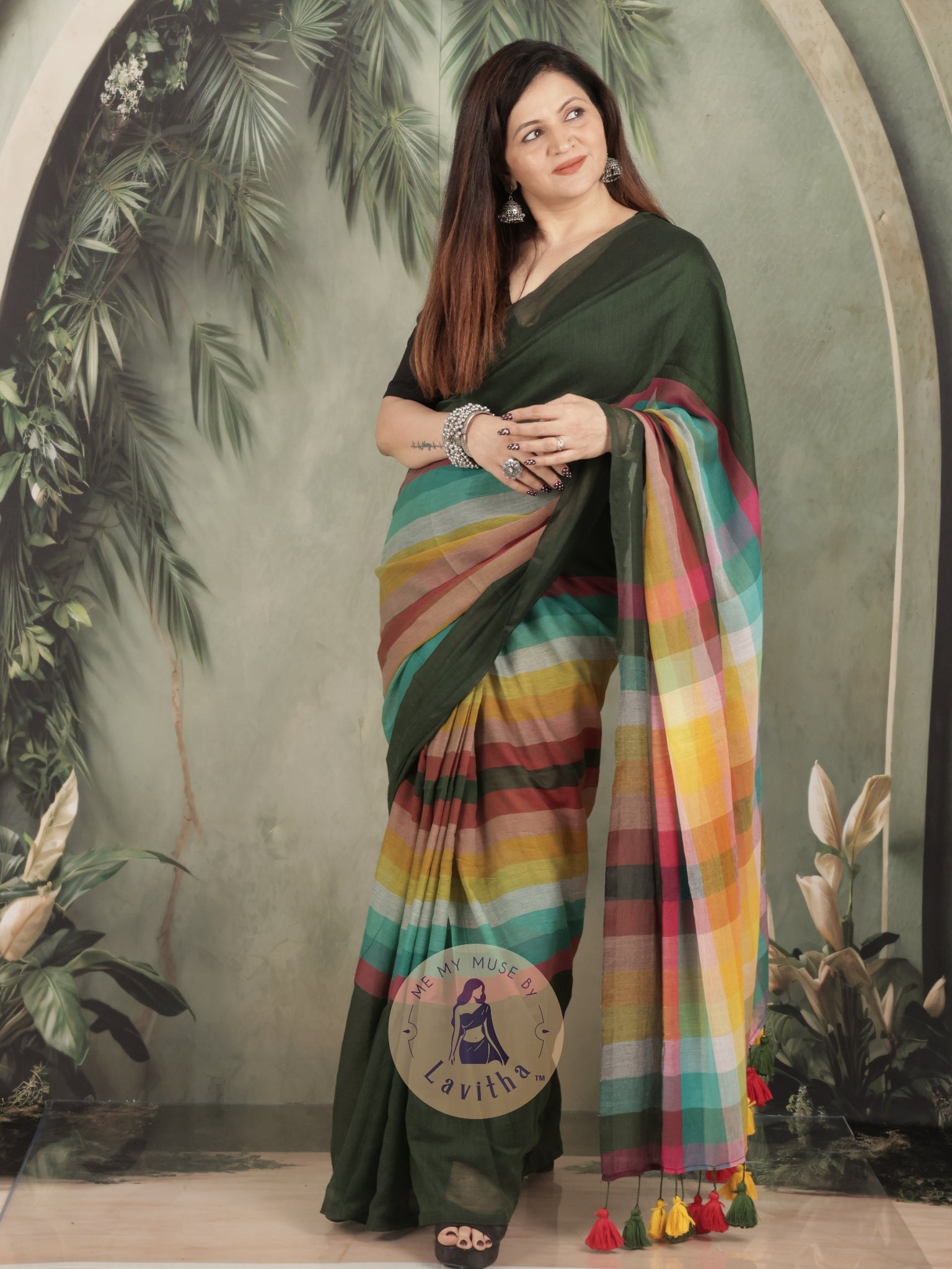 BossBabe Henna Green Mul Cotton with Geometric Design Pallu
