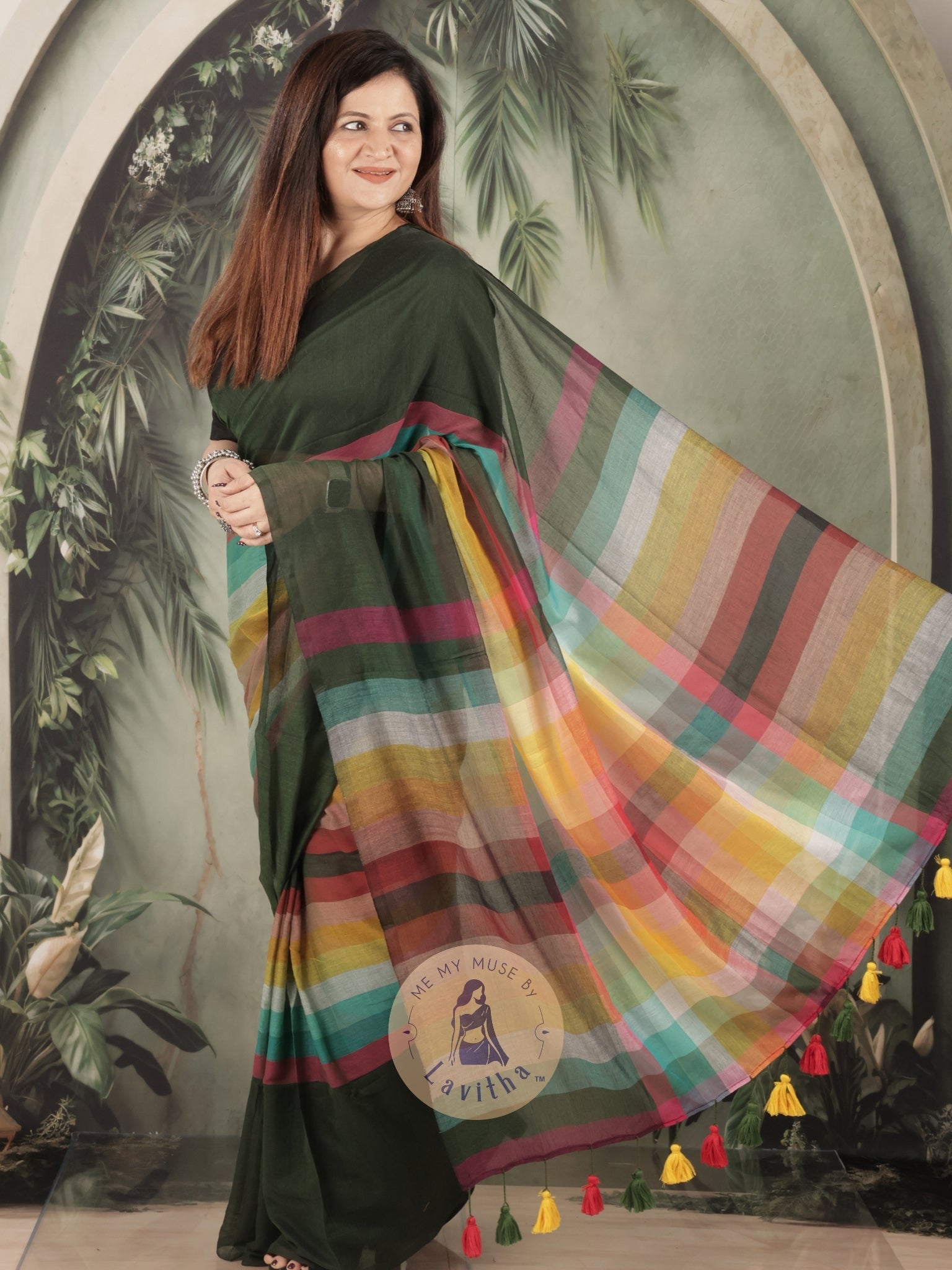 BossBabe Henna Green Mul Cotton with Geometric Design Pallu