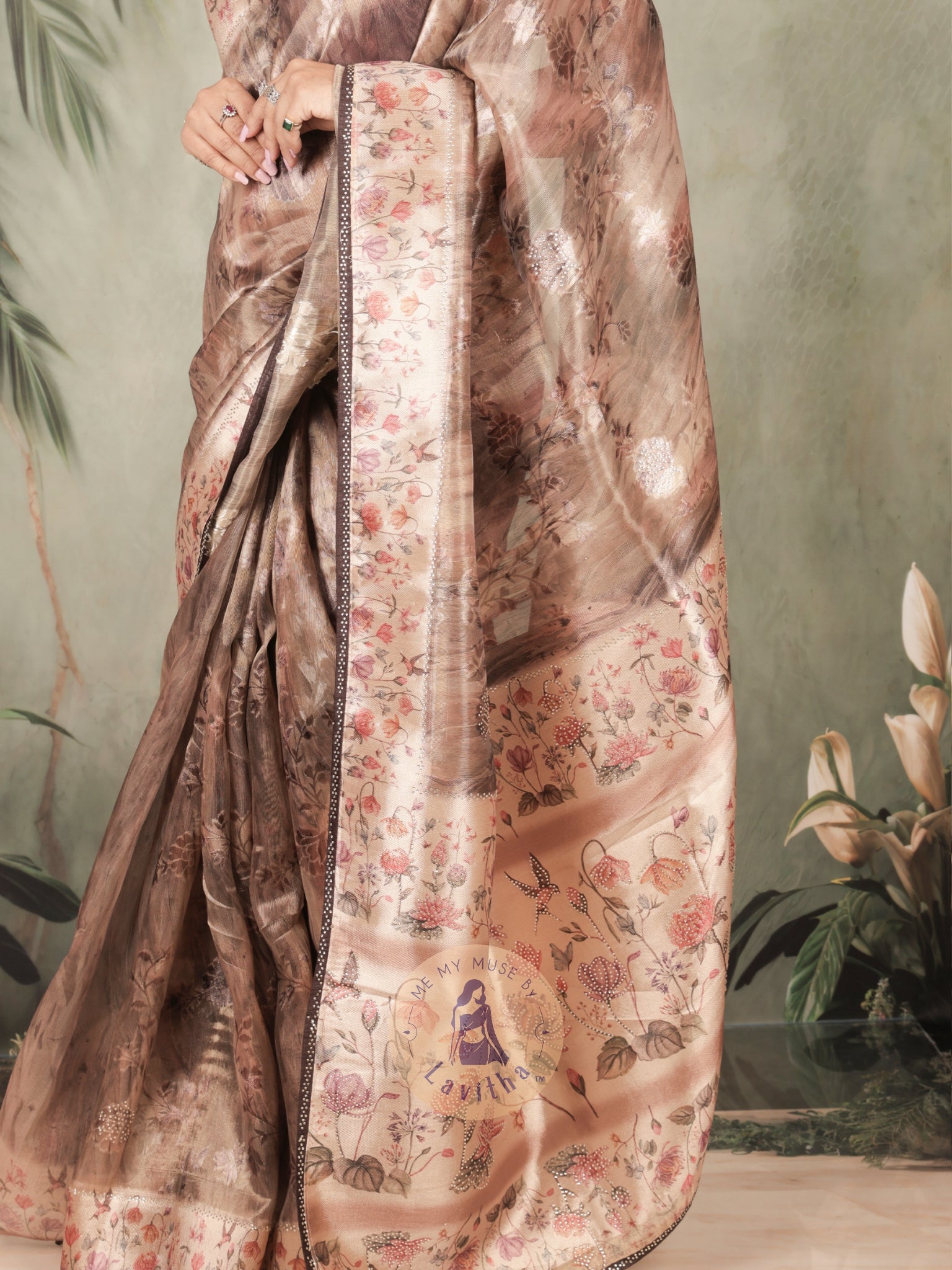 Dilqash Brown Satin Crystal Work Saree