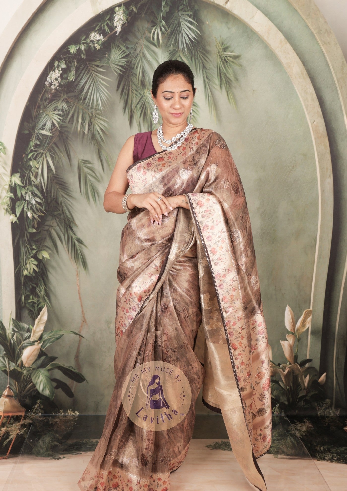 Dilqash Brown Satin Crystal Work Saree