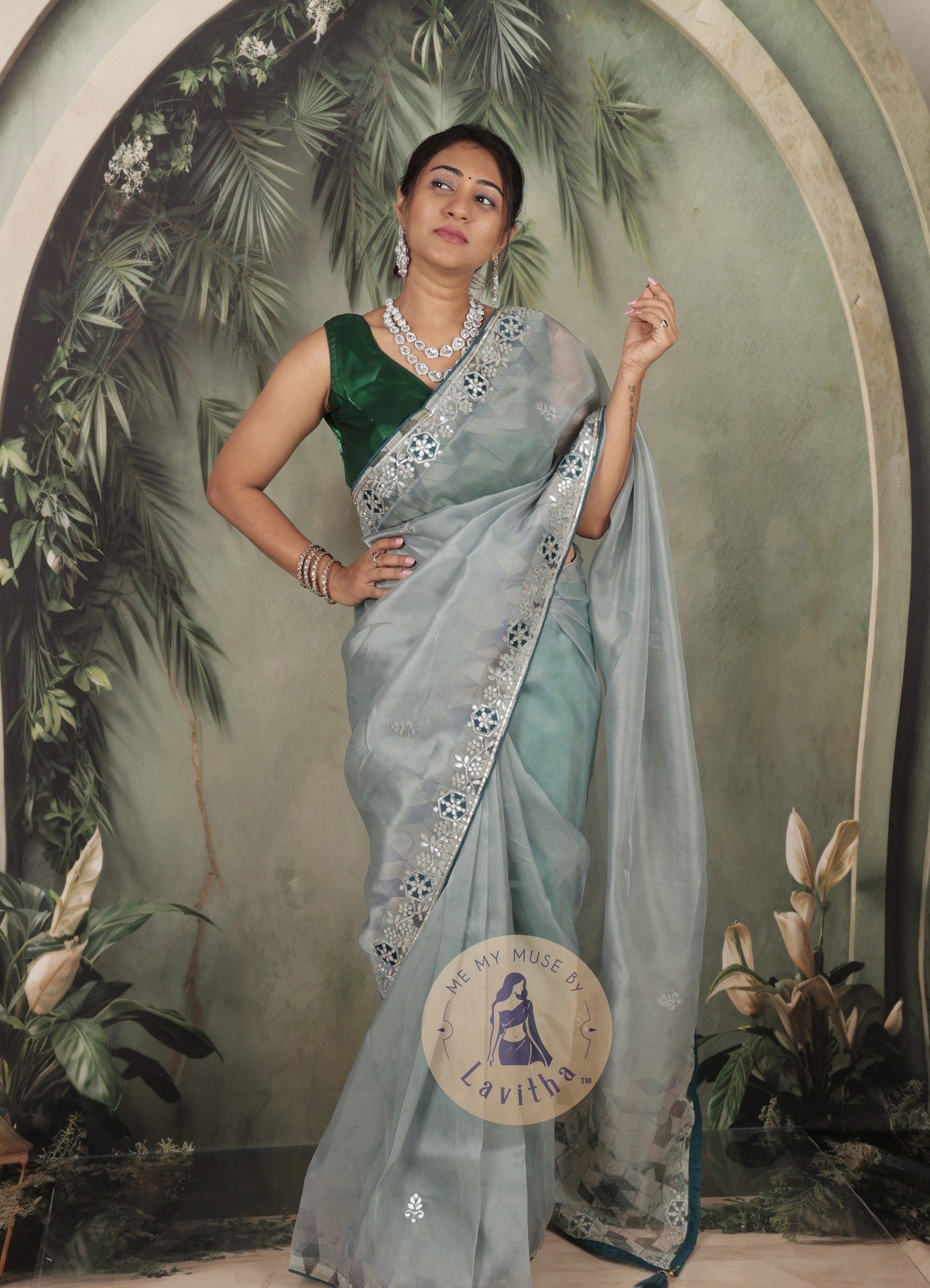 Dilqash Premium Organza Cloudy Grey Saree with Gota Patti Work