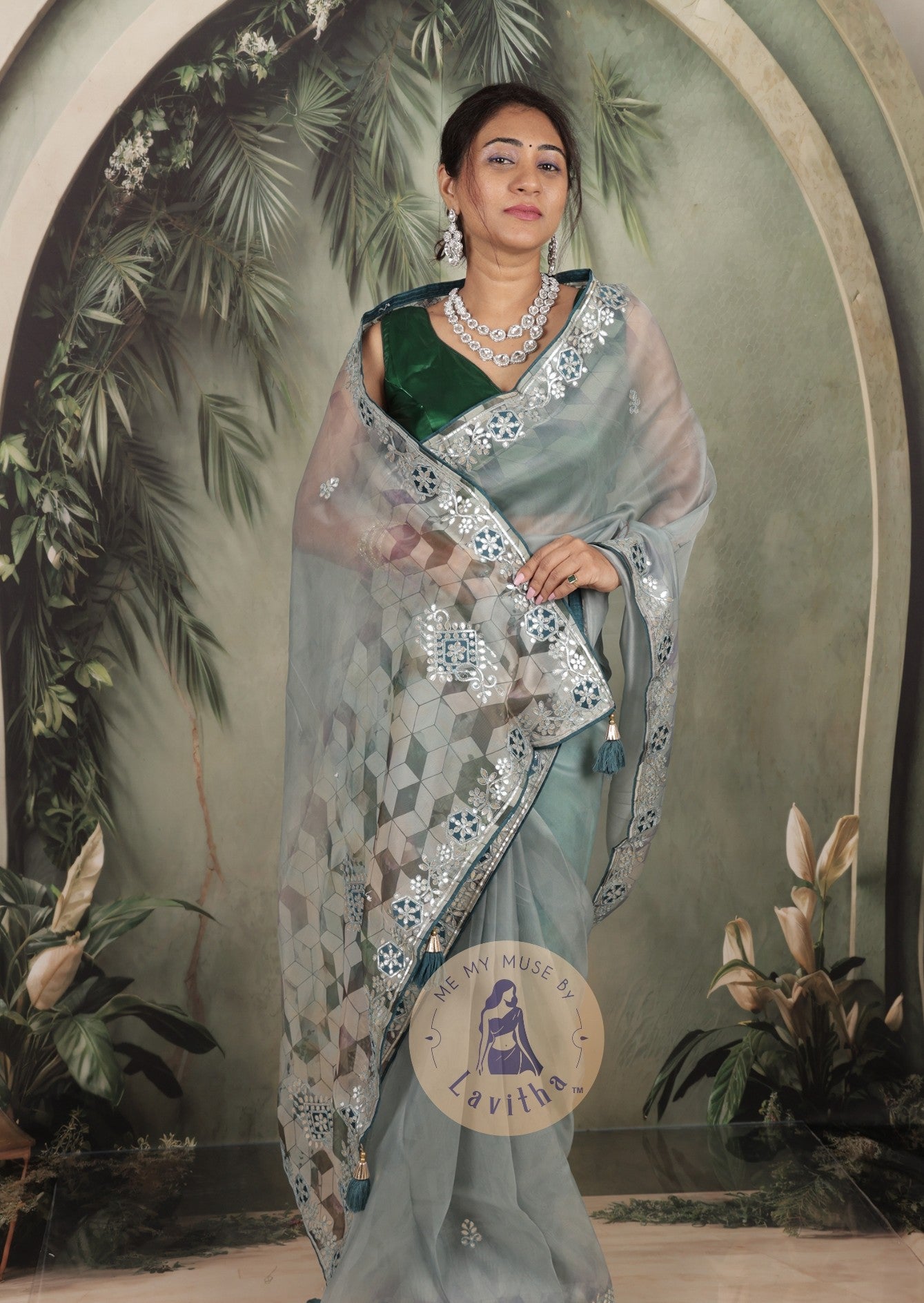 Dilqash Premium Organza Cloudy Grey Saree with Gota Patti Work