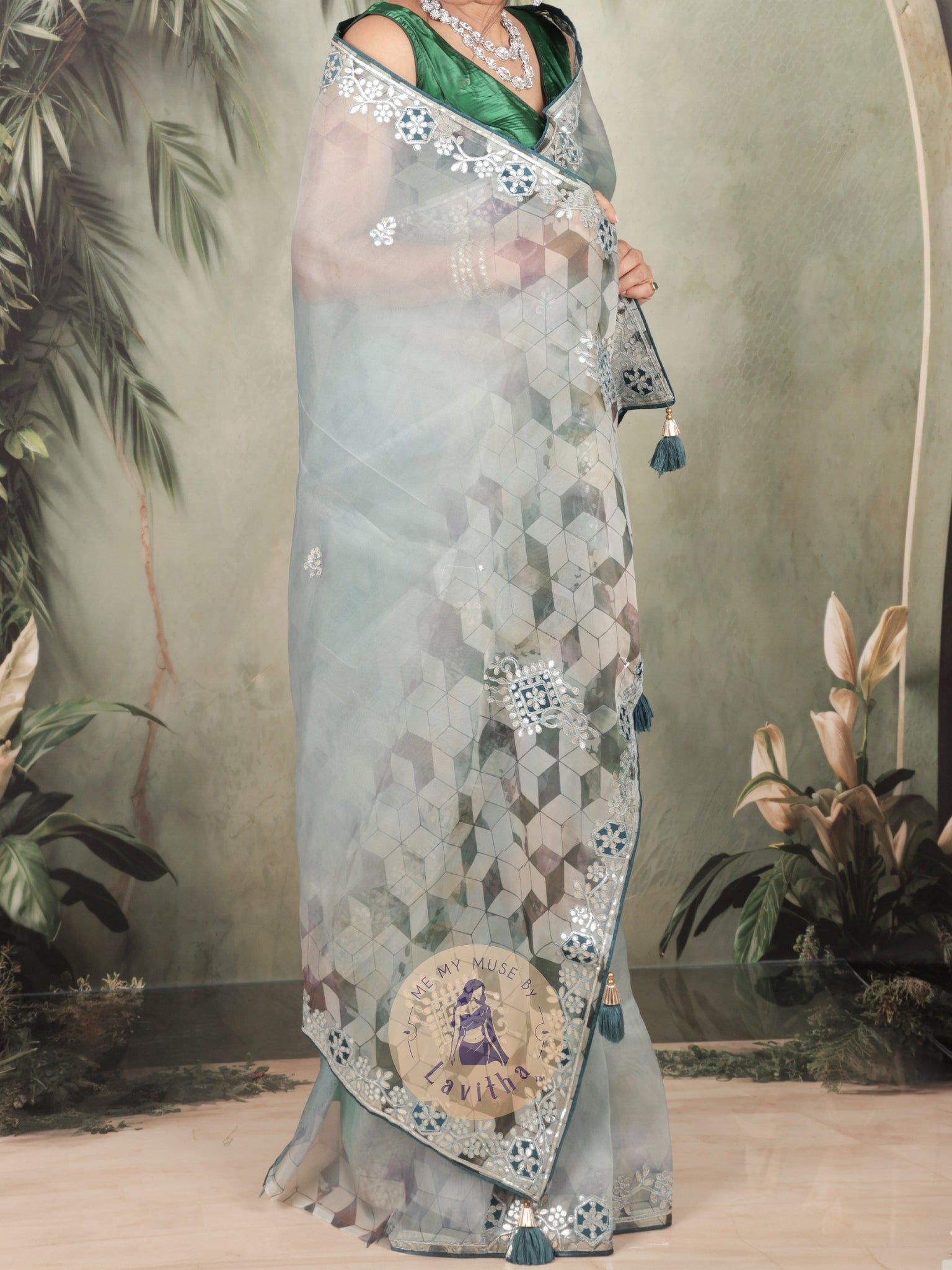 Dilqash Premium Organza Cloudy Grey Saree with Gota Patti Work