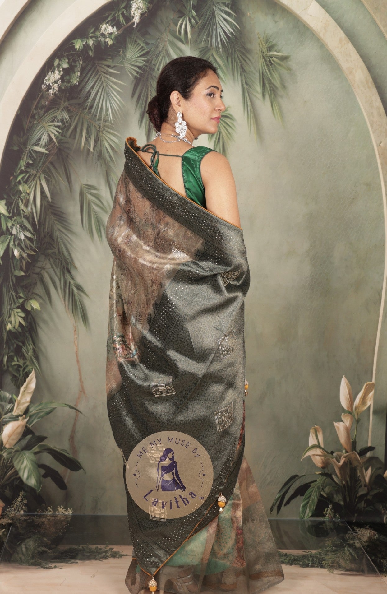 Dilqash Premium Green & Gold Peacock Crystal Work Saree