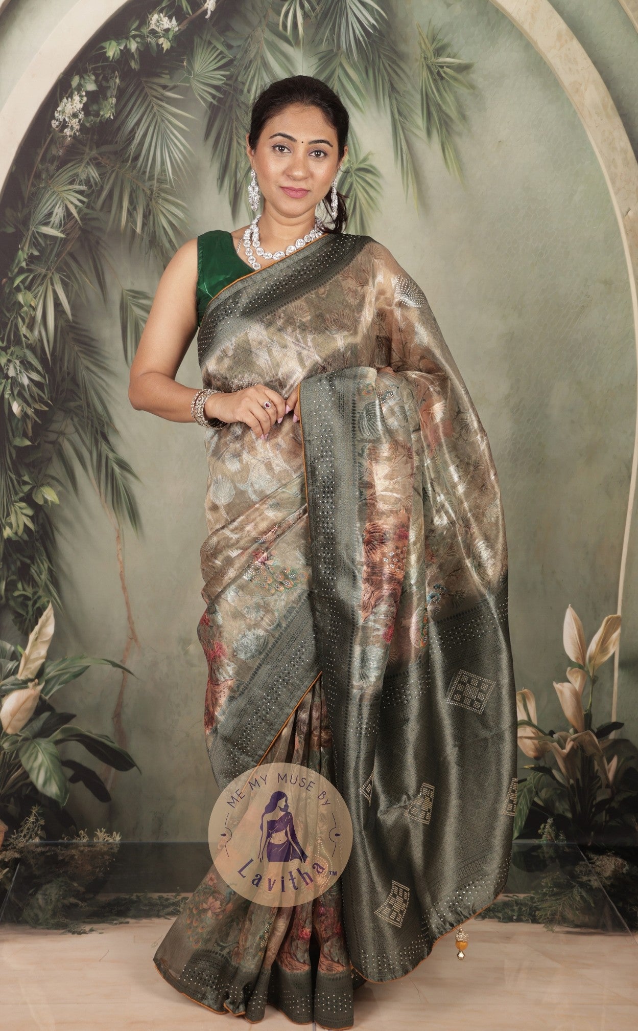 Dilqash Premium Green & Gold Peacock Crystal Work Saree