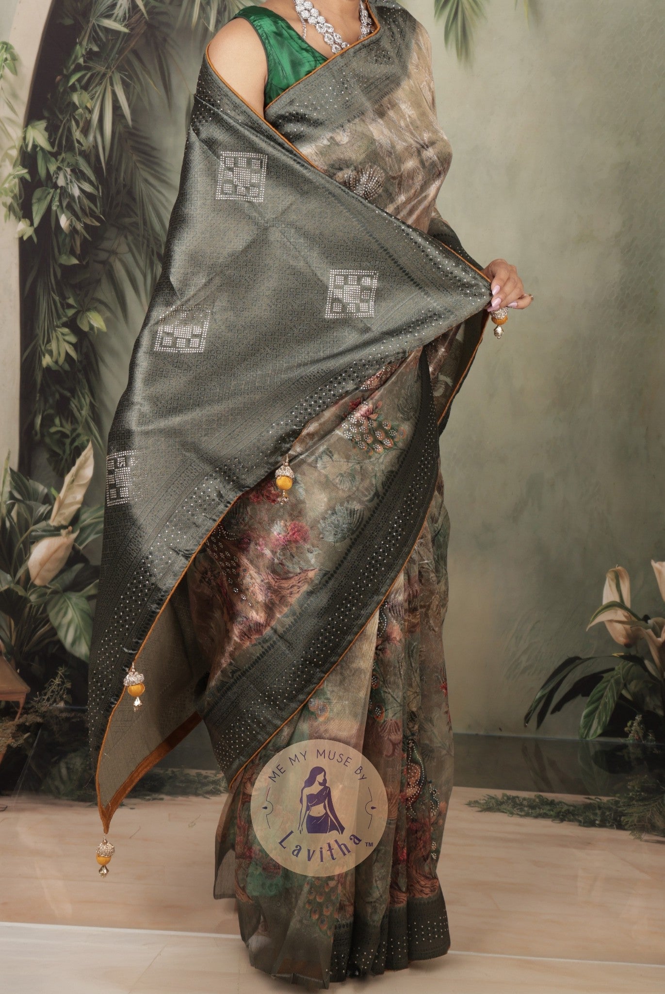 Dilqash Premium Green & Gold Peacock Crystal Work Saree
