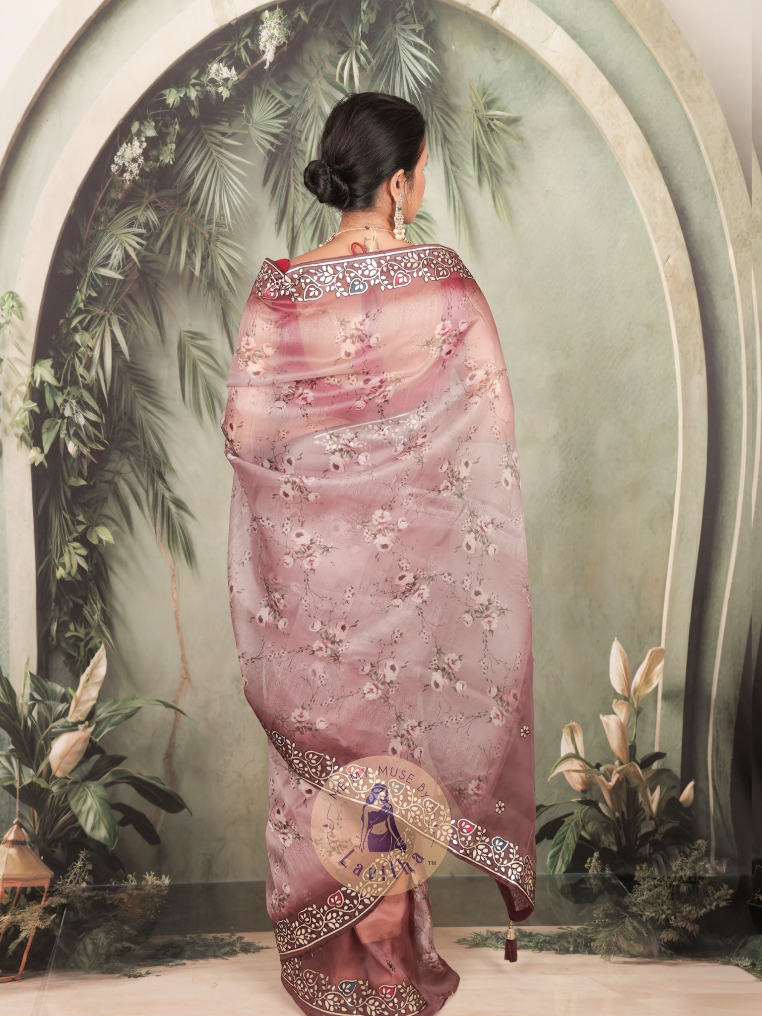 Dilqash Premium Organza Mauve Saree - Digital Floral Print - Gota Patti Work