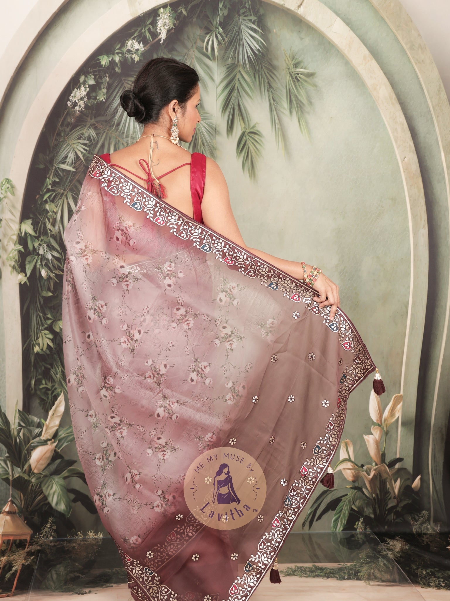 Dilqash Premium Organza Mauve Saree - Digital Floral Print - Gota Patti Work